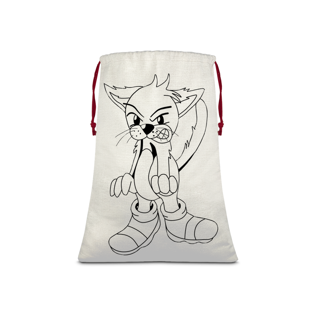 Angry Cat Sublimation Linen Drawstring Sack with red drawstring, featuring a playful cat design, perfect for Christmas gifts and laundry.