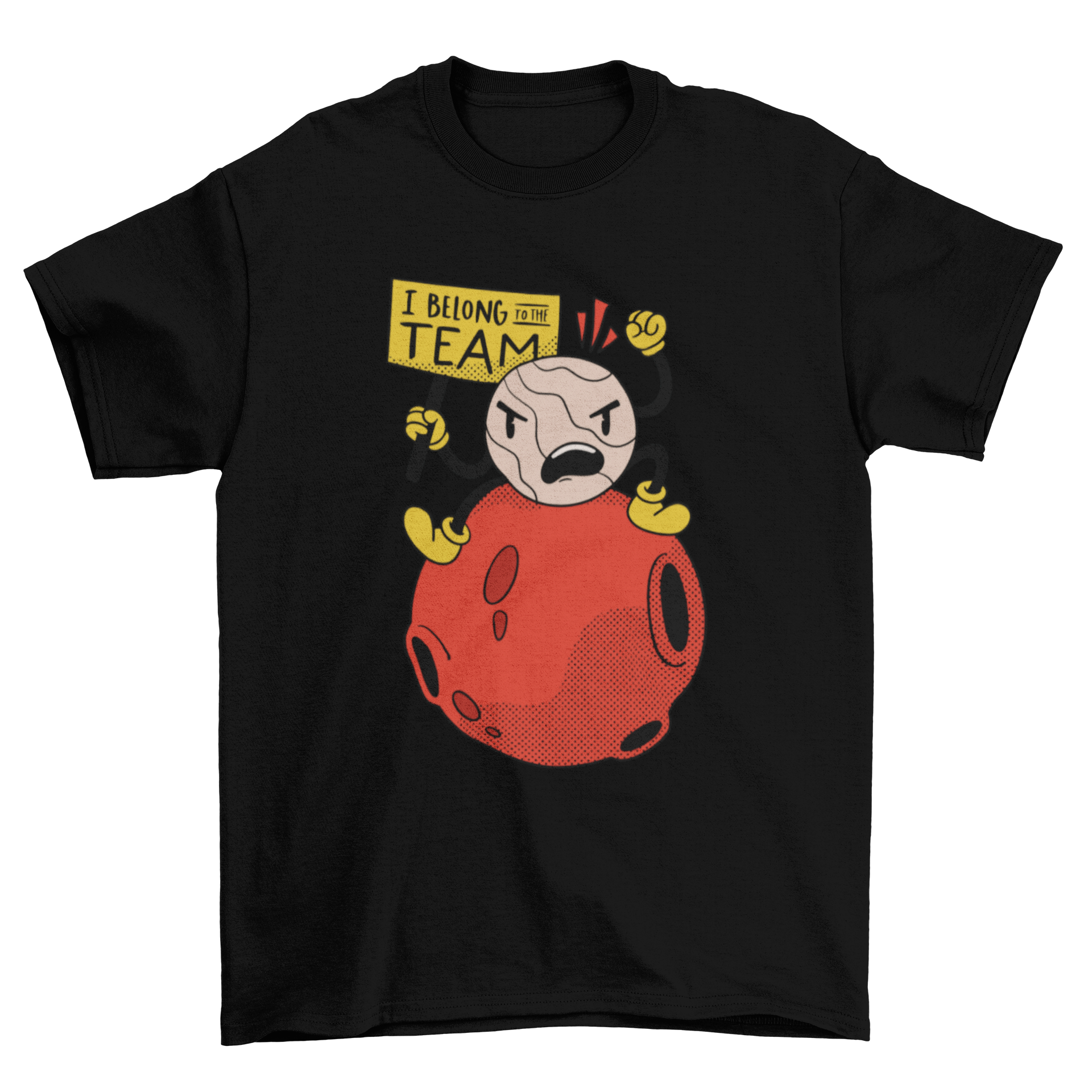 A humorous t-shirt design featuring an illustration of Pluto holding a sign that says 'I belong to the team'.