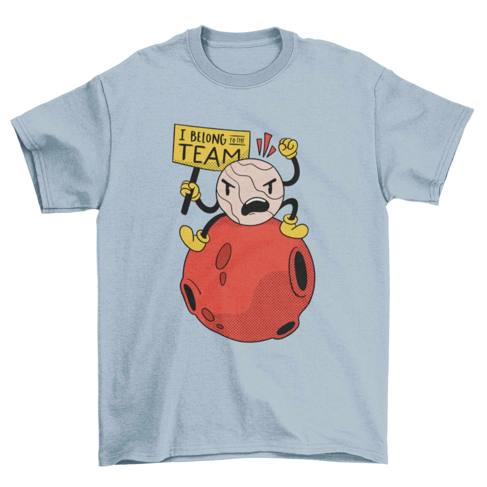 A humorous t-shirt design featuring an illustration of Pluto holding a sign that says 'I belong to the team'.