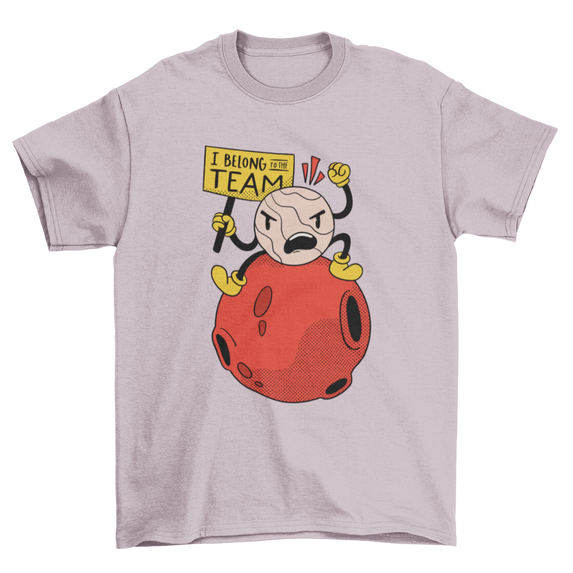 A humorous t-shirt design featuring an illustration of Pluto holding a sign that says 'I belong to the team'.
