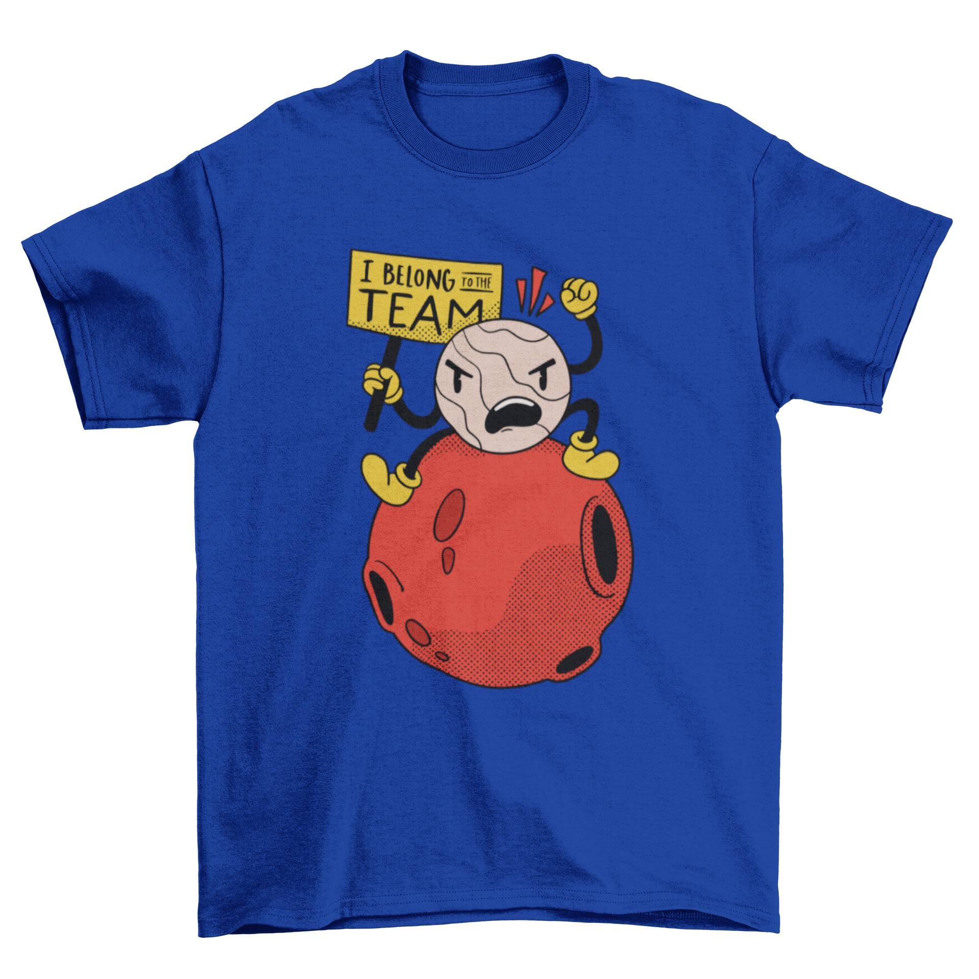 A humorous t-shirt design featuring an illustration of Pluto holding a sign that says 'I belong to the team'.
