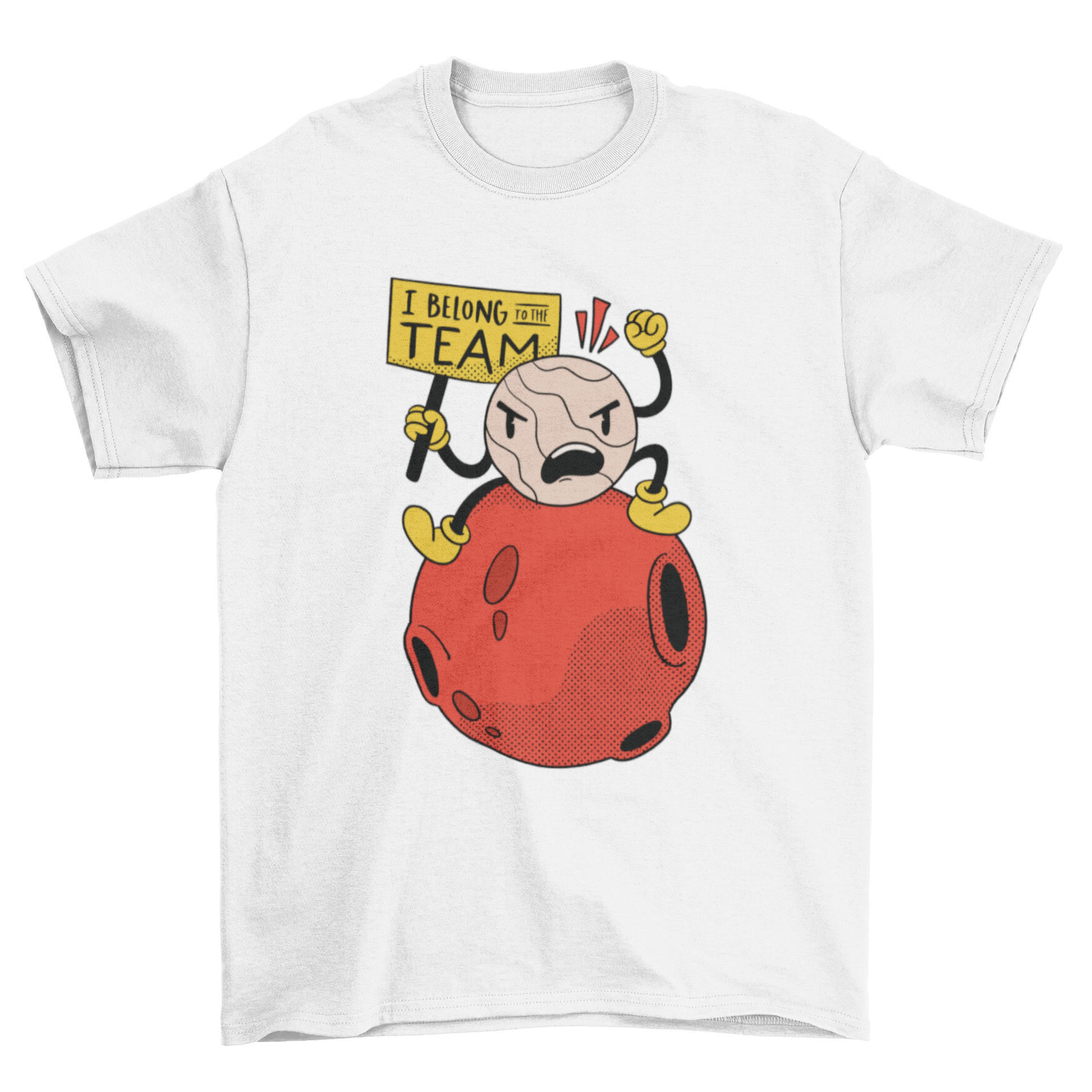 A humorous t-shirt design featuring an illustration of Pluto holding a sign that says 'I belong to the team'.