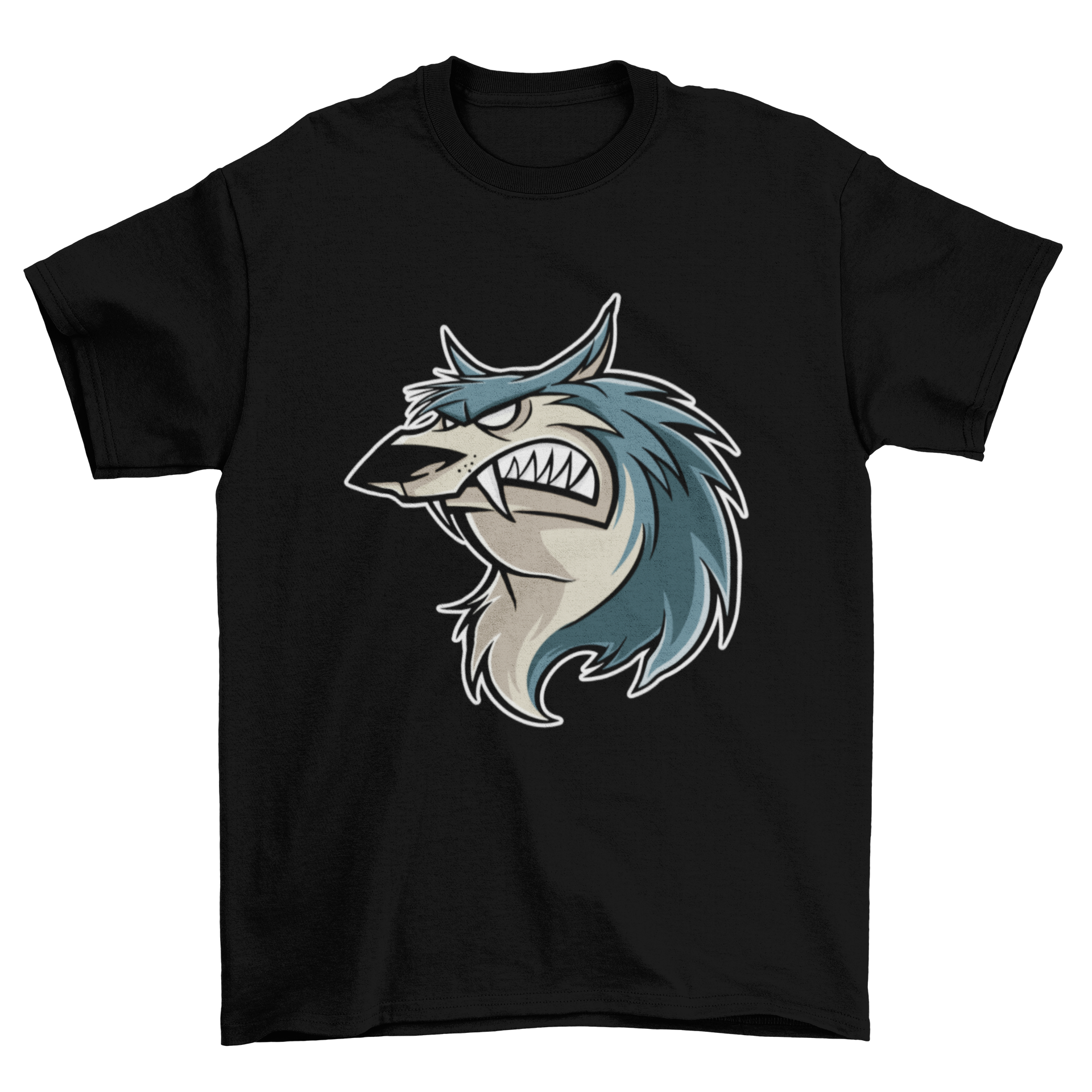 Cartoon design of an angry wolf on a T-shirt, showcasing vibrant colors and expressive features.