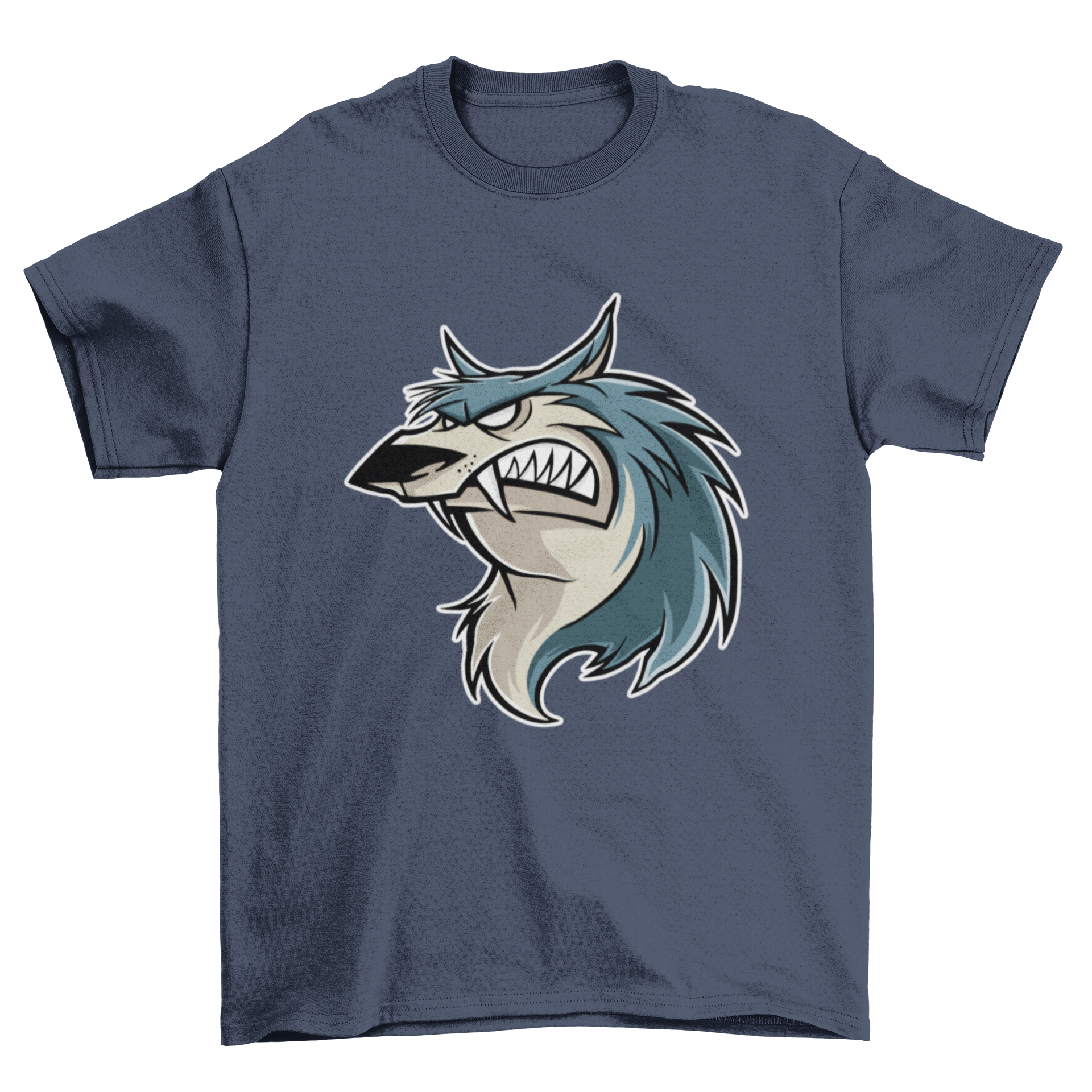 Cartoon design of an angry wolf on a T-shirt, showcasing vibrant colors and expressive features.