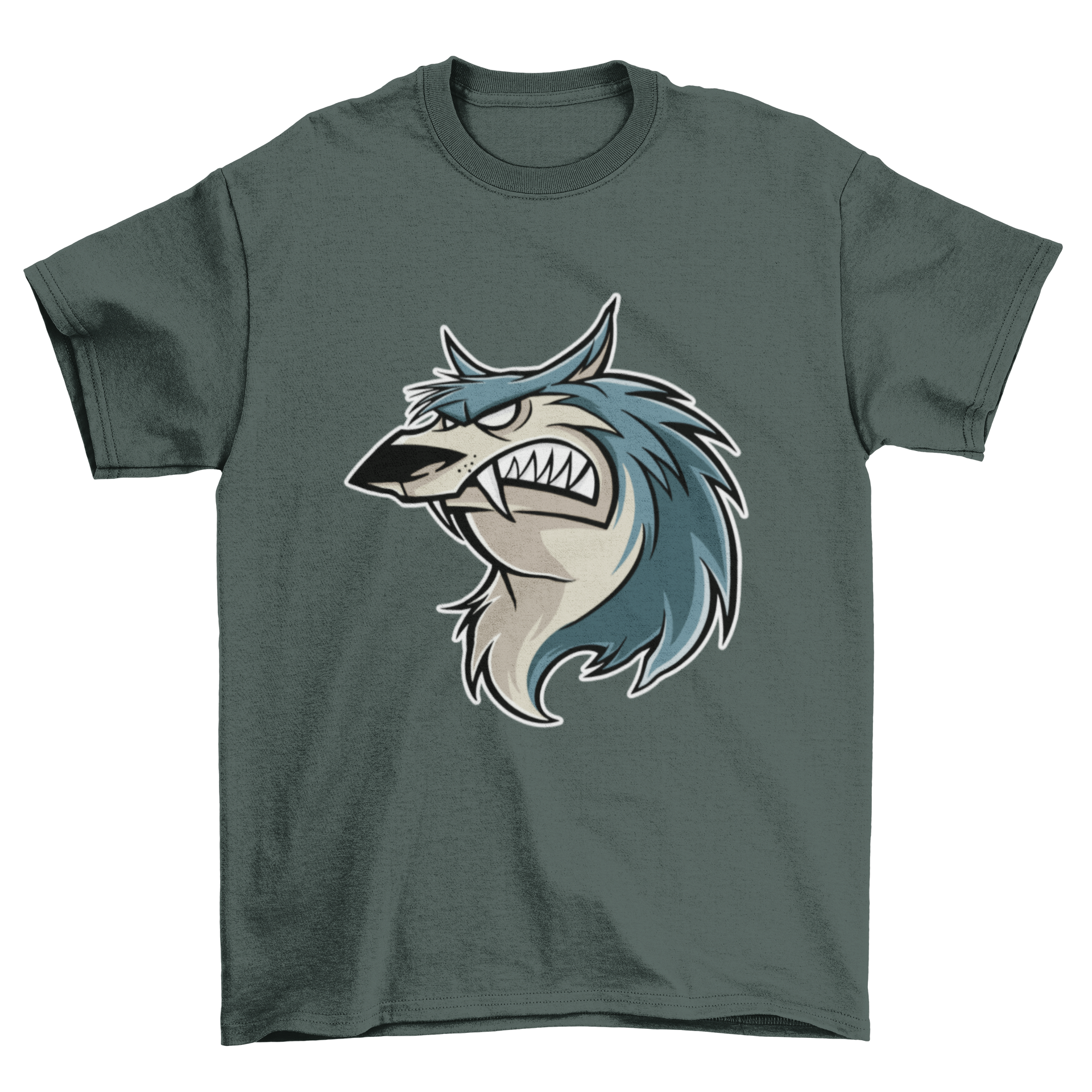 Cartoon design of an angry wolf on a T-shirt, showcasing vibrant colors and expressive features.