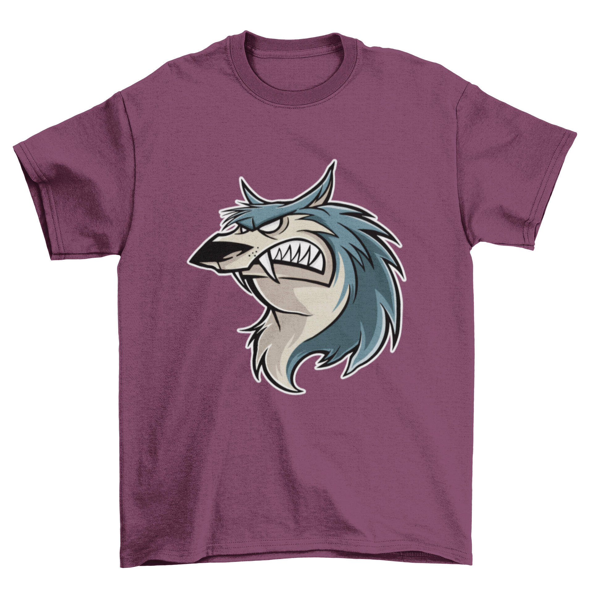Cartoon design of an angry wolf on a T-shirt, showcasing vibrant colors and expressive features.
