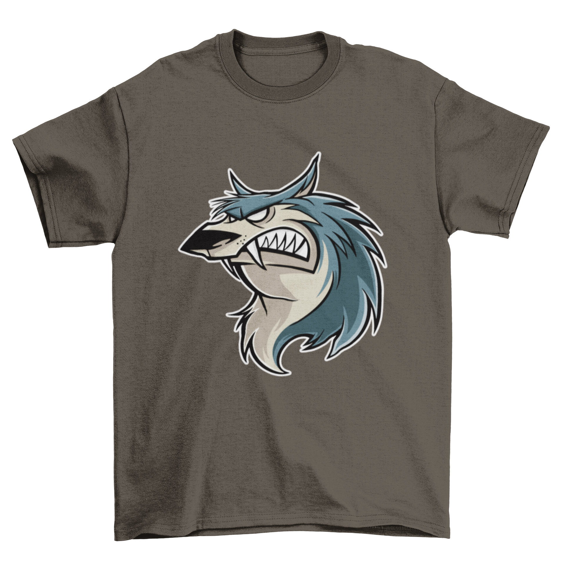 Cartoon design of an angry wolf on a T-shirt, showcasing vibrant colors and expressive features.