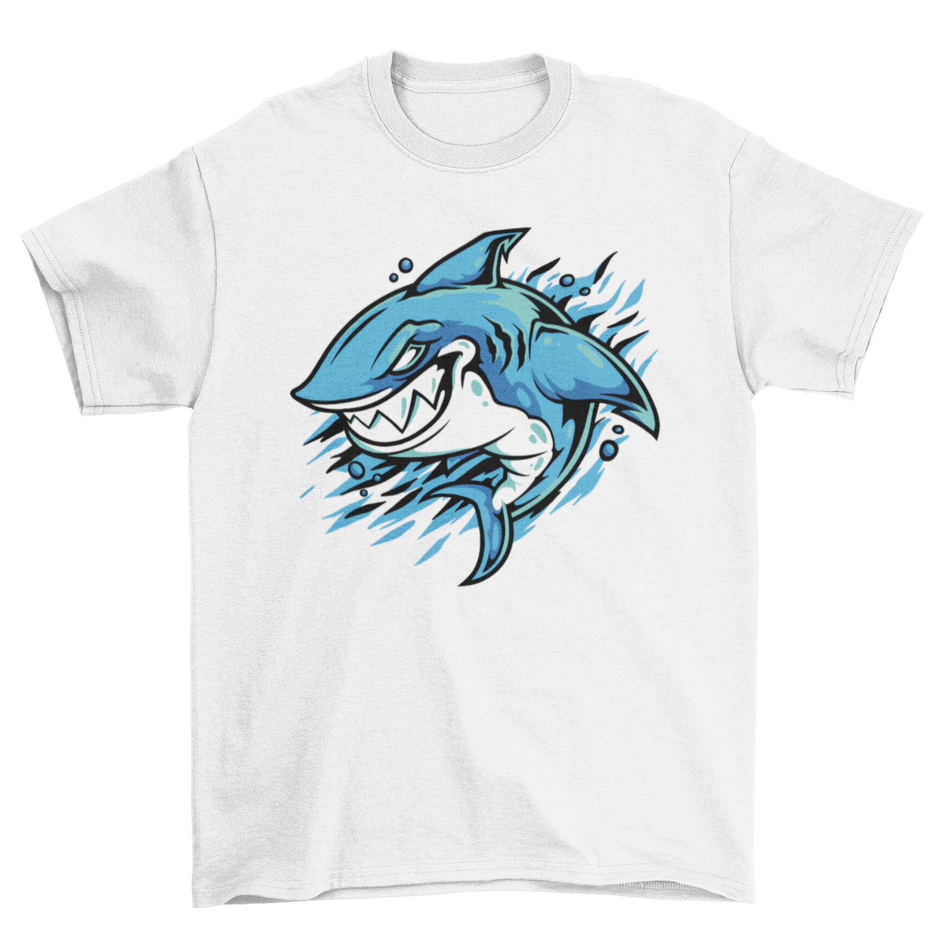 Angry shark graphic t-shirt featuring a shark swimming in the ocean, designed for ocean lovers.