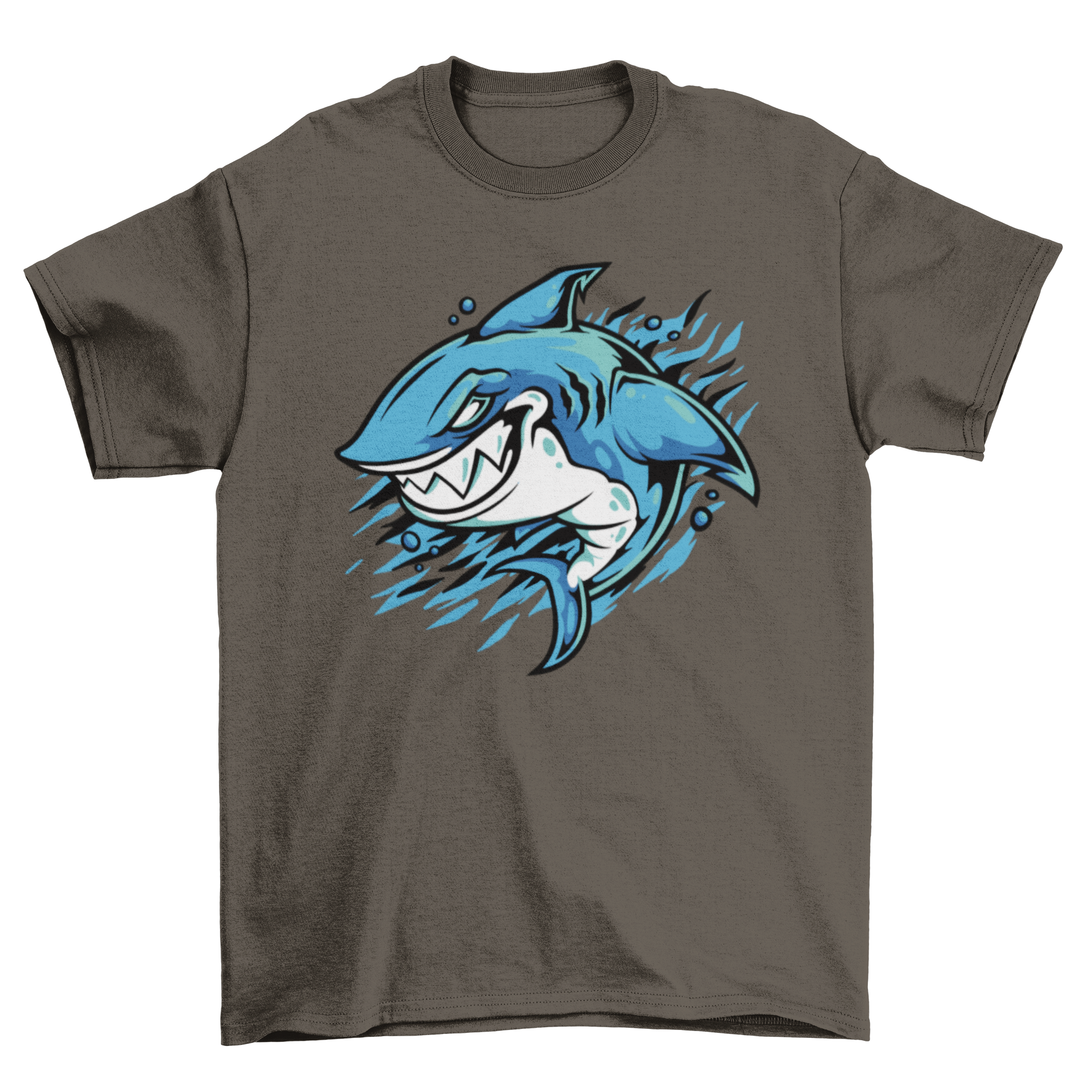 Angry shark graphic t-shirt featuring a shark swimming in the ocean, designed for ocean lovers.