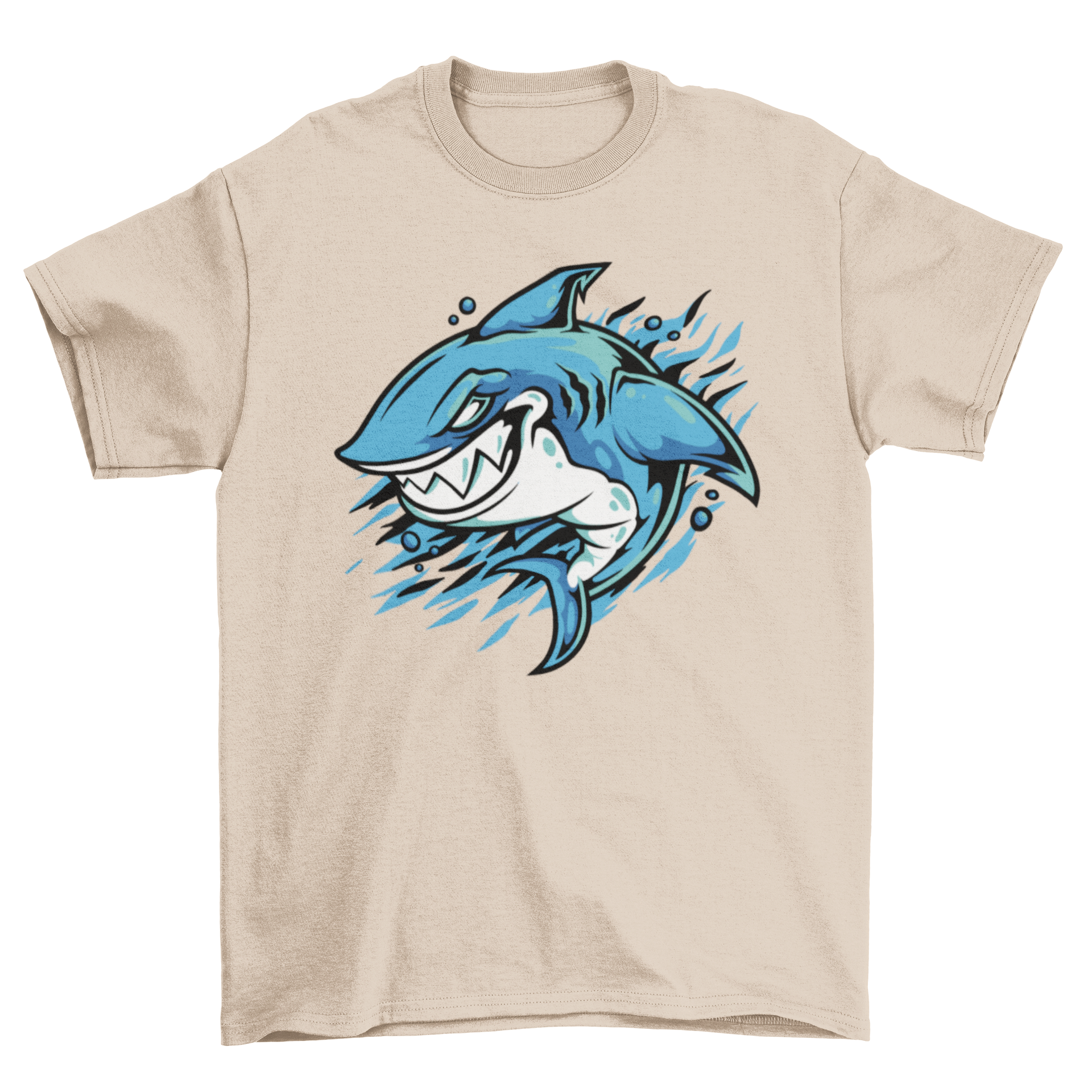 Angry shark graphic t-shirt featuring a shark swimming in the ocean, designed for ocean lovers.