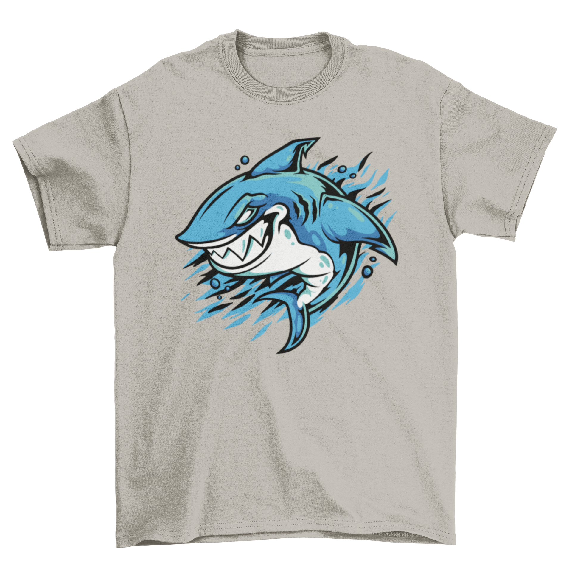 Angry shark graphic t-shirt featuring a shark swimming in the ocean, designed for ocean lovers.