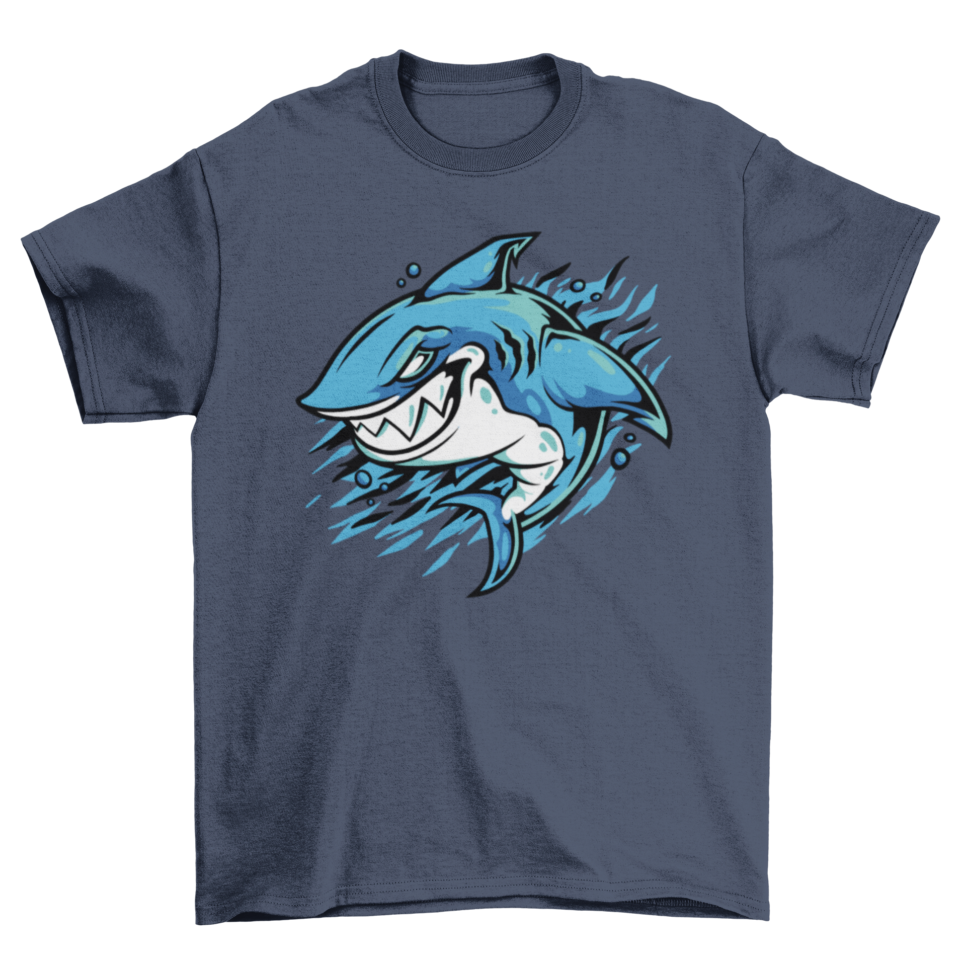 Angry shark graphic t-shirt featuring a shark swimming in the ocean, designed for ocean lovers.