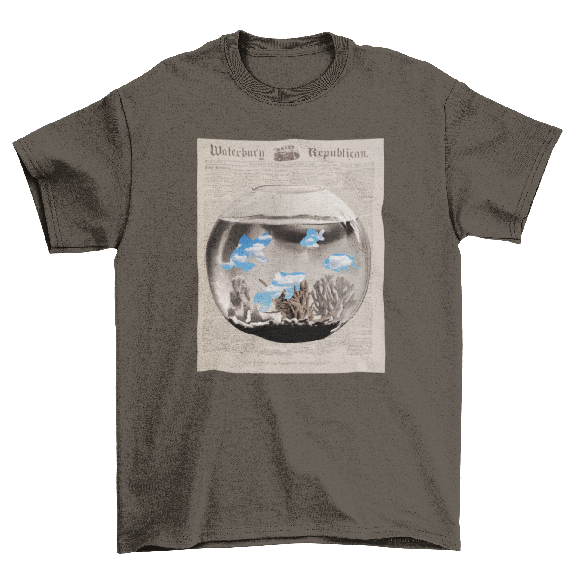 Animal Fish Abstract Fishbowl t-shirt featuring a colorful fishbowl design over a newspaper background.