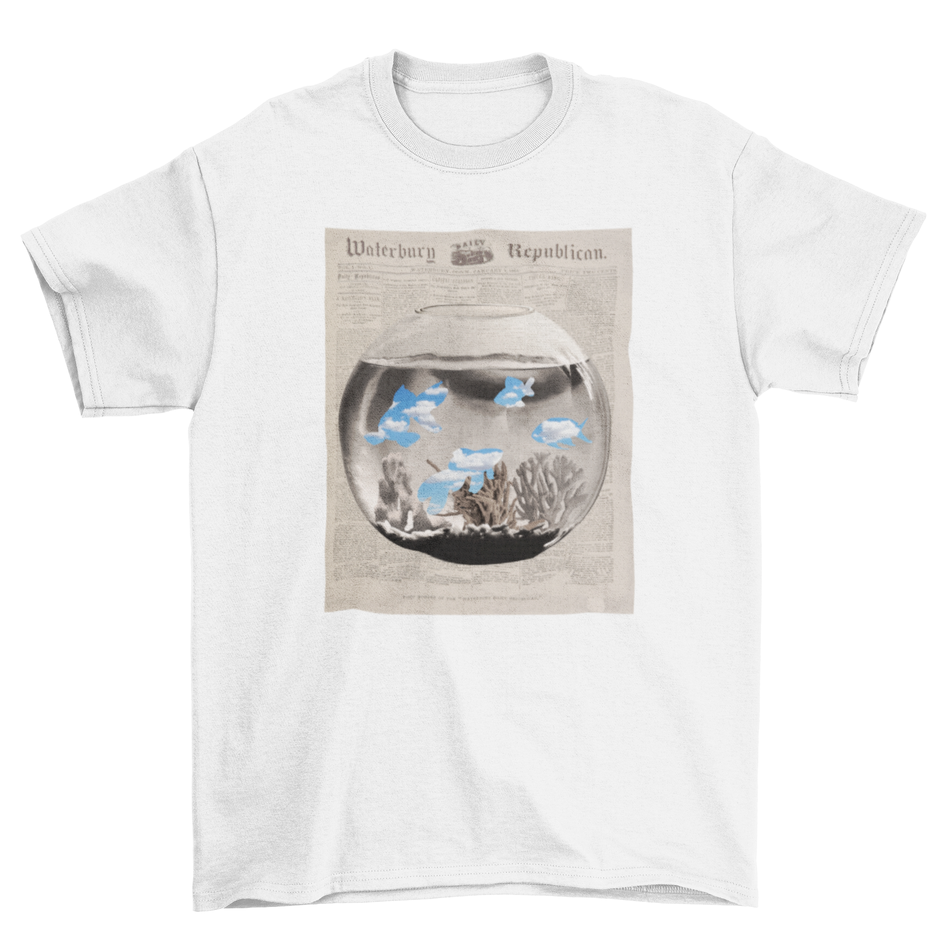 Animal Fish Abstract Fishbowl t-shirt featuring a colorful fishbowl design over a newspaper background.