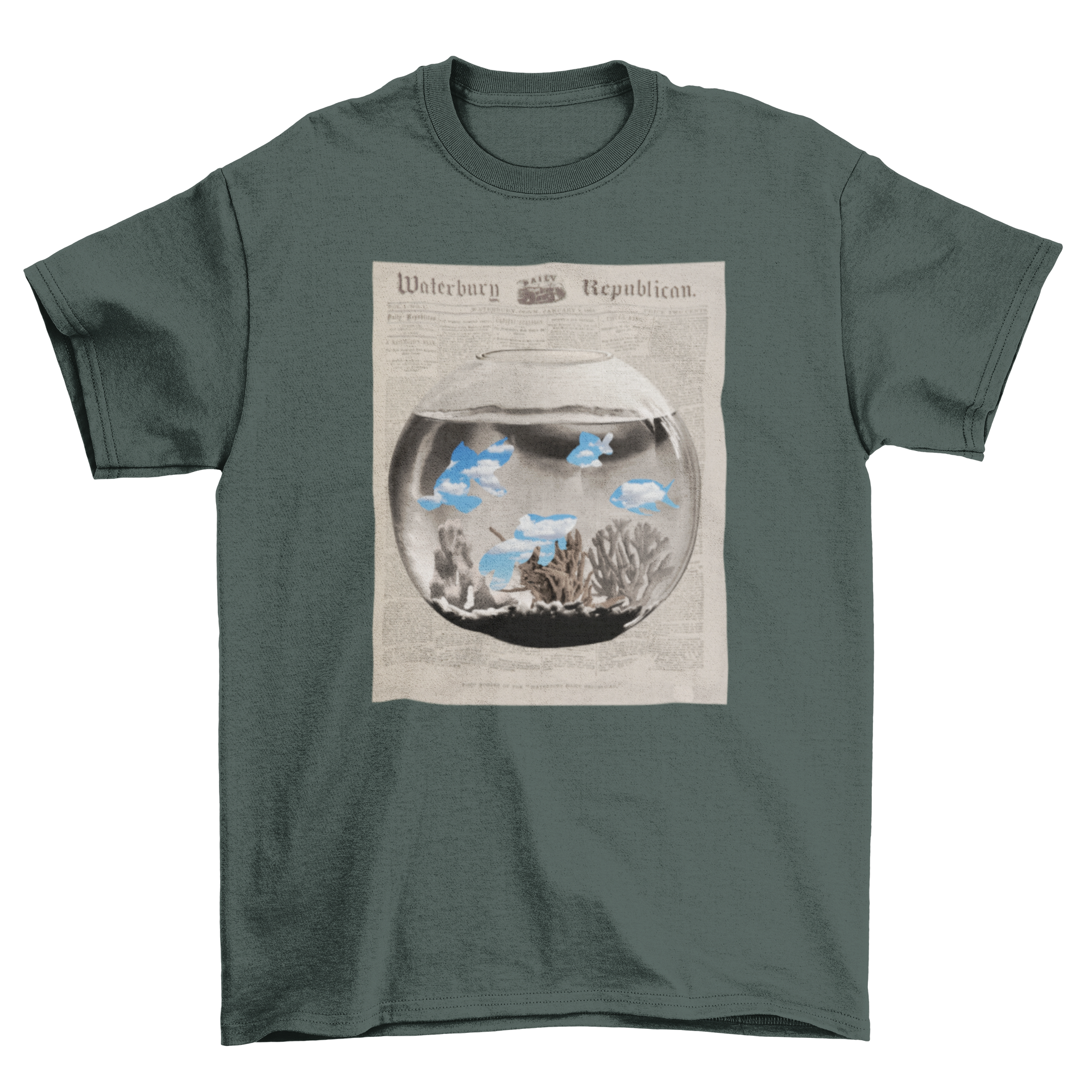 Animal Fish Abstract Fishbowl t-shirt featuring a colorful fishbowl design over a newspaper background.