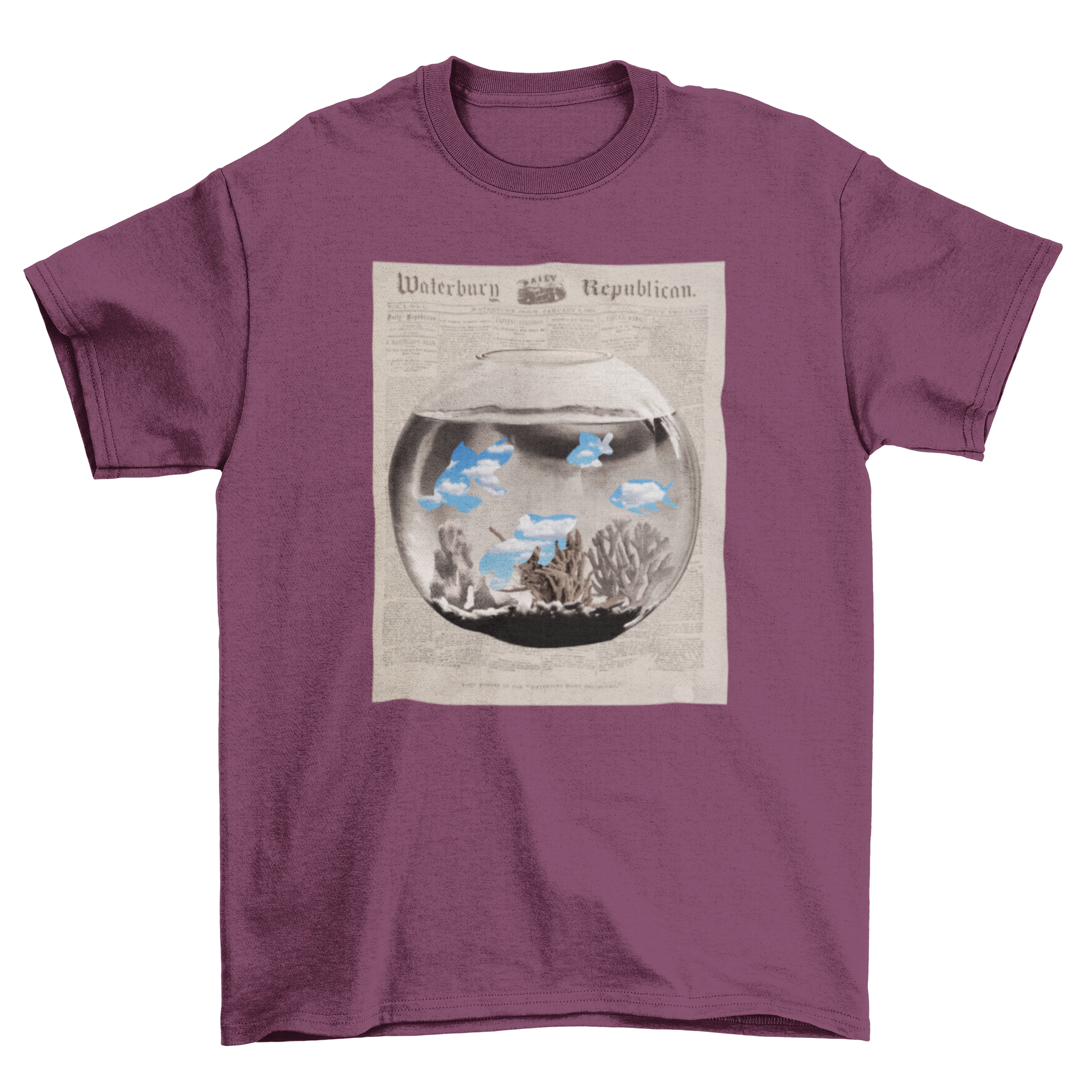 Animal Fish Abstract Fishbowl t-shirt featuring a colorful fishbowl design over a newspaper background.