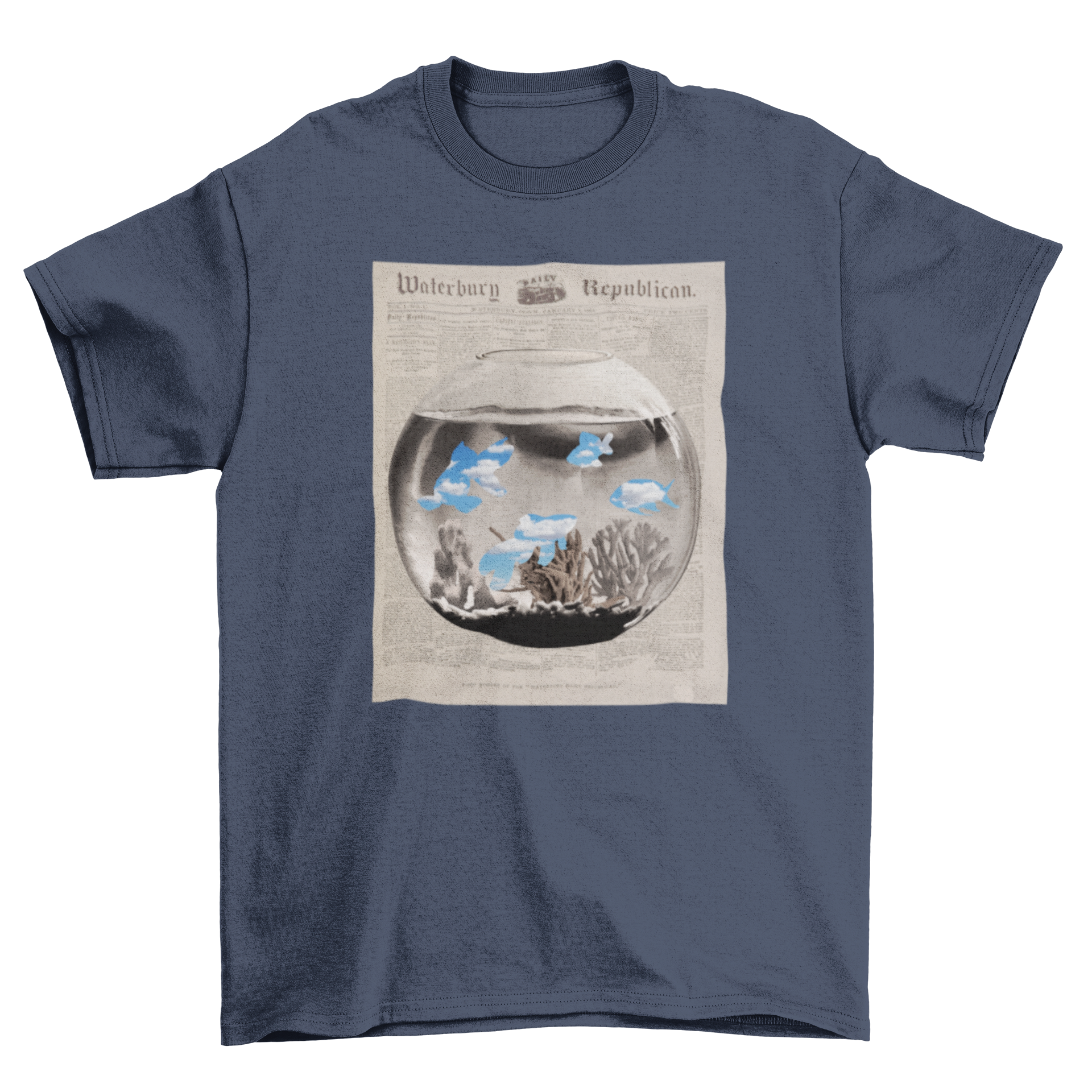 Animal Fish Abstract Fishbowl t-shirt featuring a colorful fishbowl design over a newspaper background.