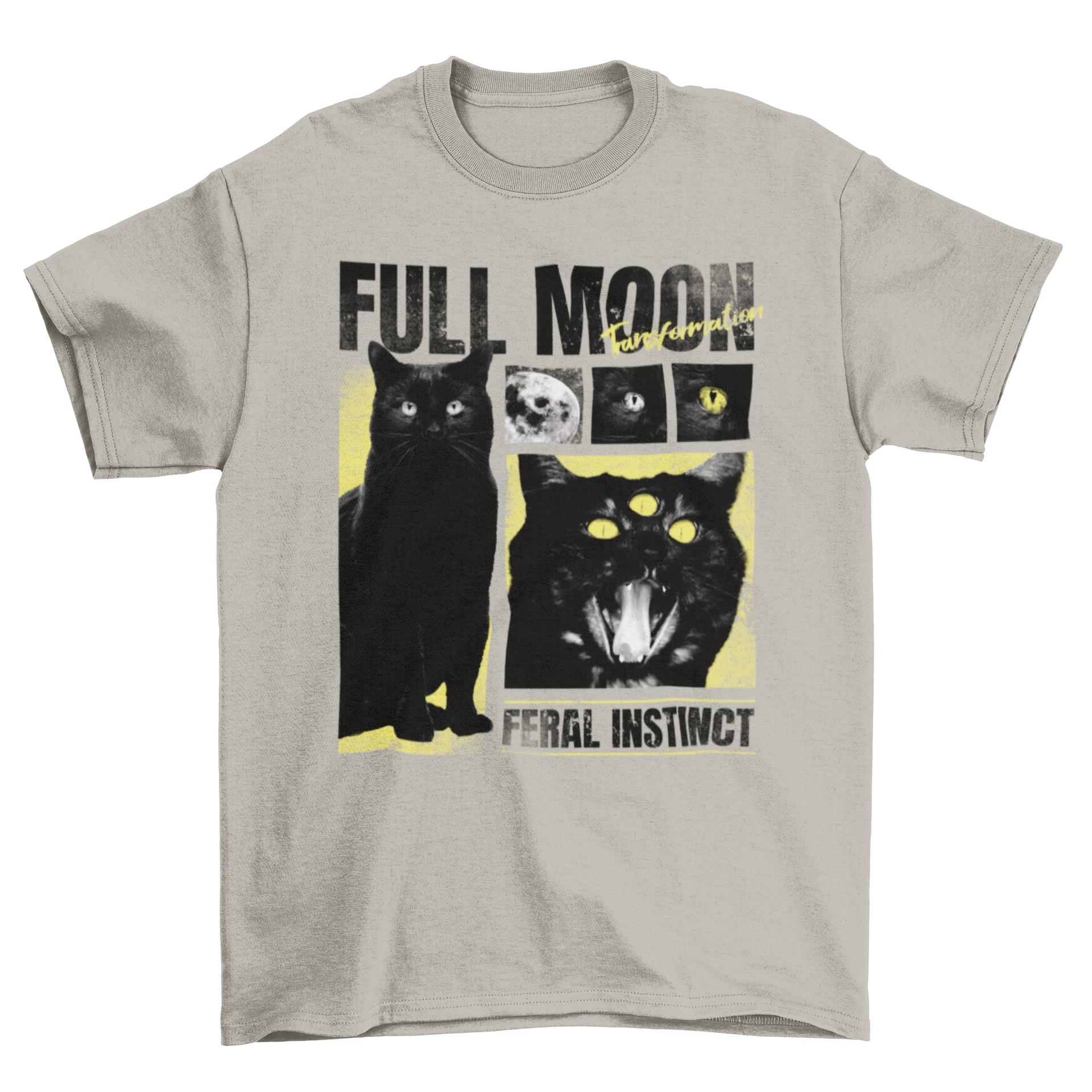 A stylish black t-shirt featuring a mystical black cat with a third eye and the quote 'Full moon, feral instinct', perfect for Halloween.