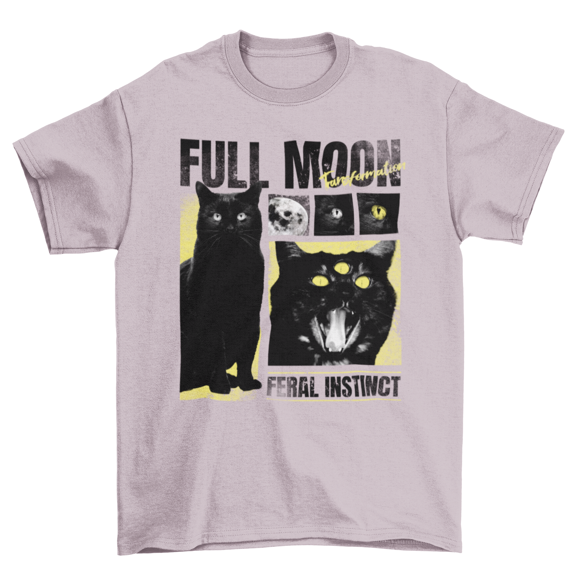 A stylish black t-shirt featuring a mystical black cat with a third eye and the quote 'Full moon, feral instinct', perfect for Halloween.