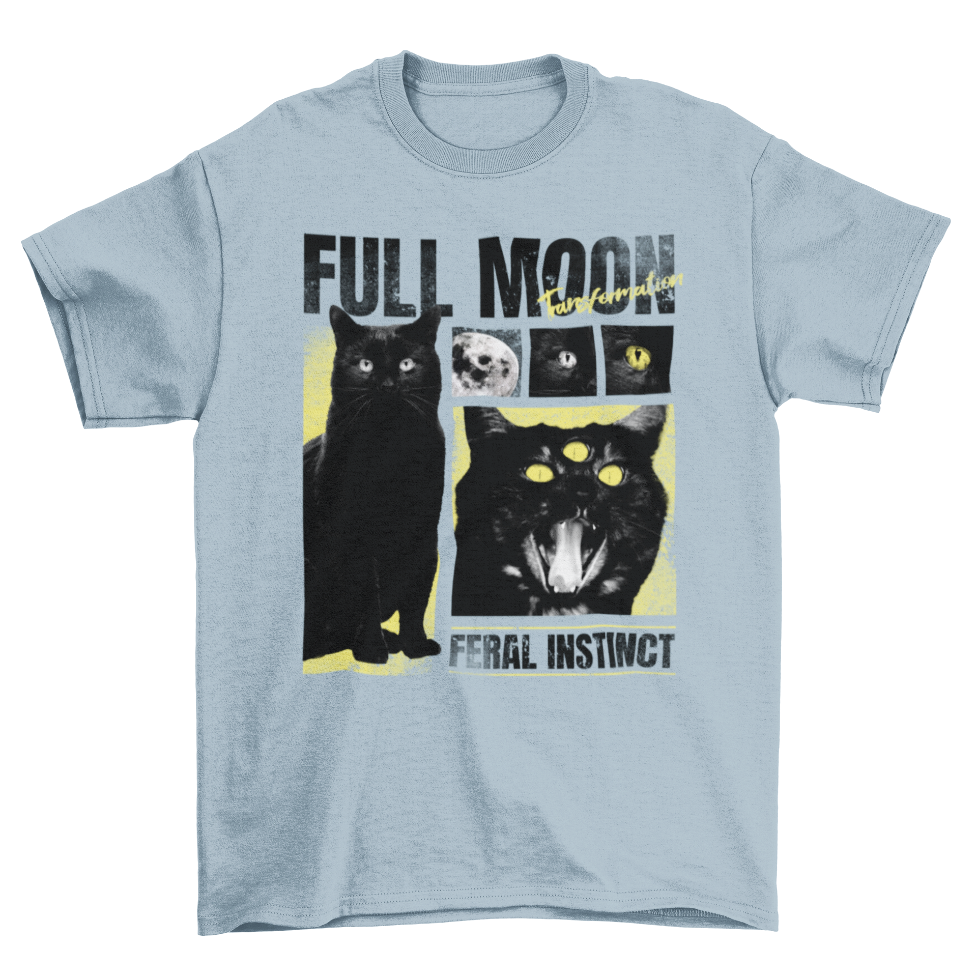 A stylish black t-shirt featuring a mystical black cat with a third eye and the quote 'Full moon, feral instinct', perfect for Halloween.
