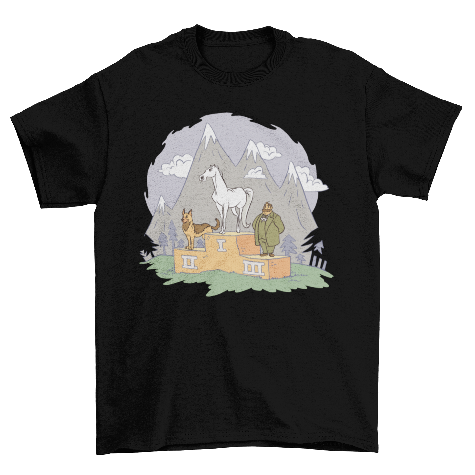 Animal Podium T-Shirt featuring a horse, dog, and man design on a soft fabric.