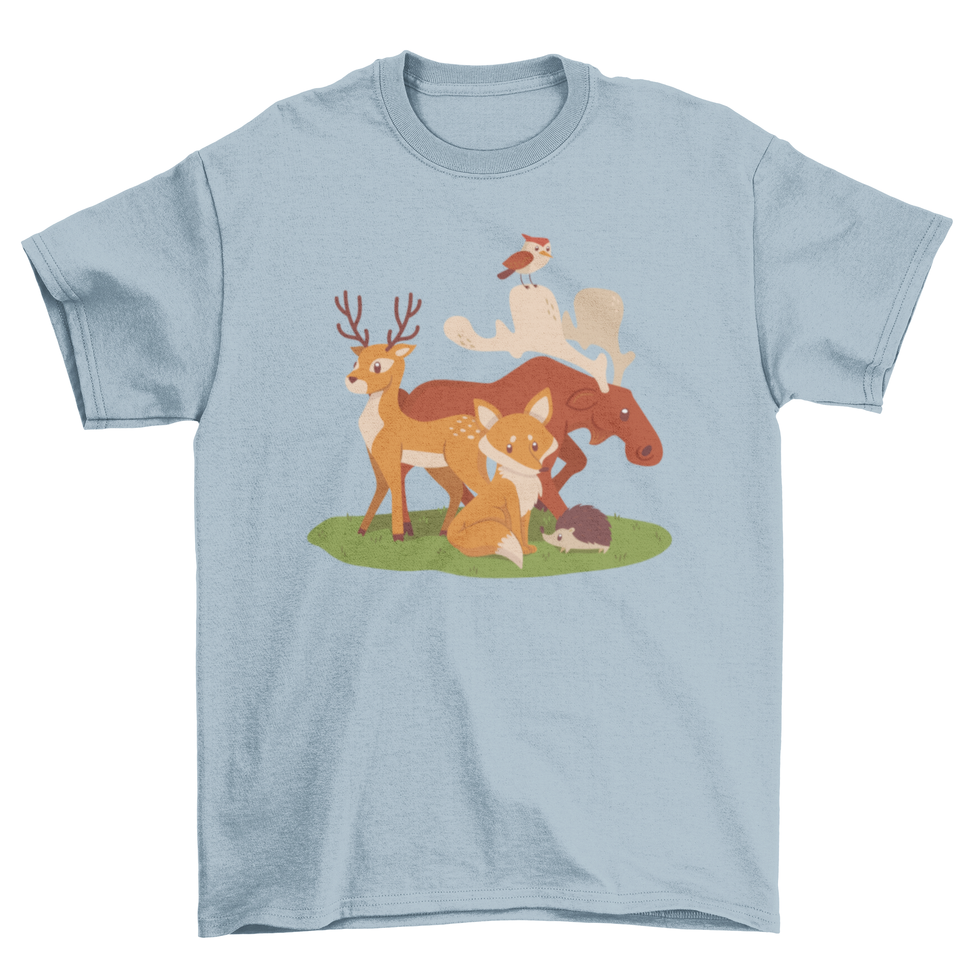 Animal Vectors t-shirt featuring woodland illustrations of a fox, deer, and birds on a soft fabric background.