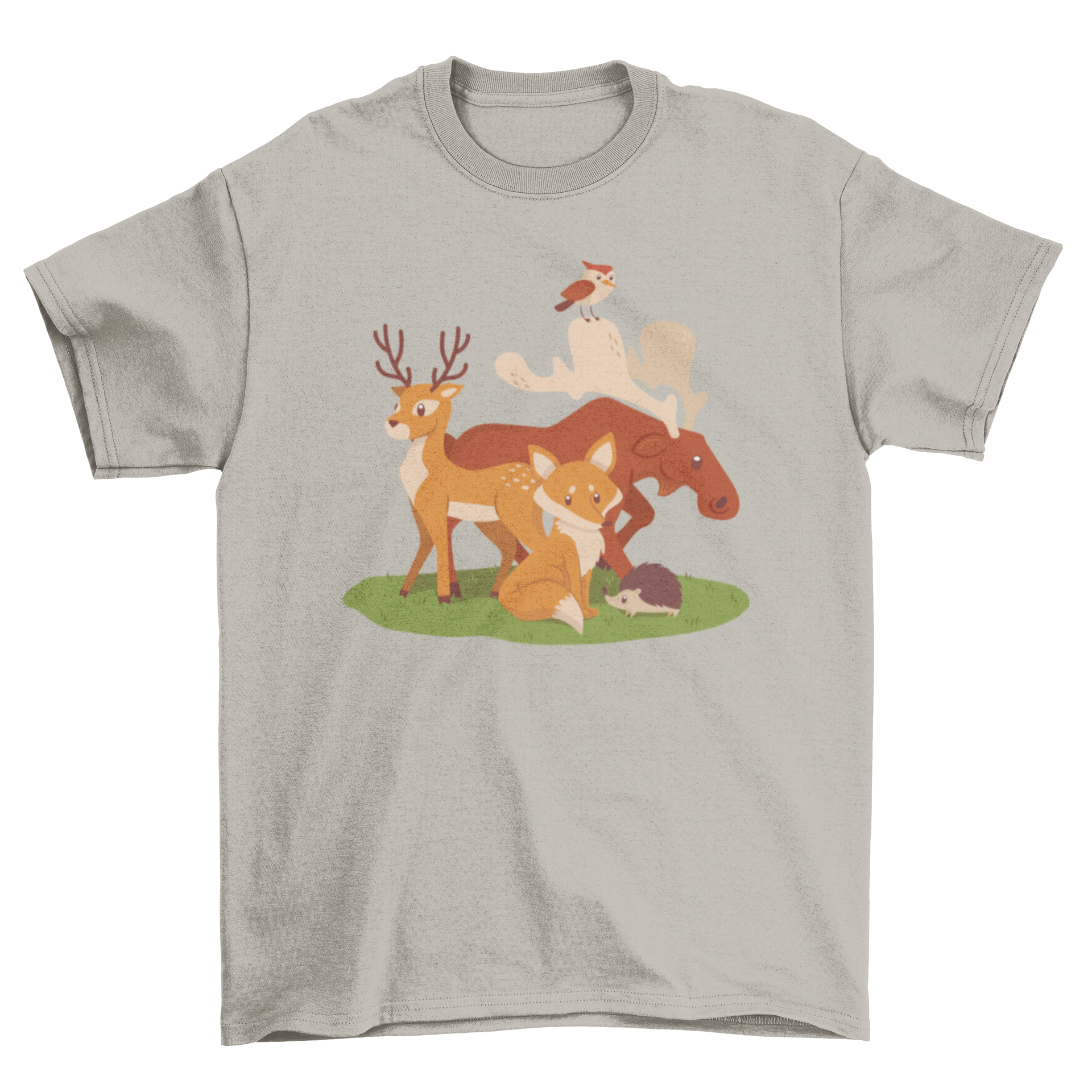Animal Vectors t-shirt featuring woodland illustrations of a fox, deer, and birds on a soft fabric background.