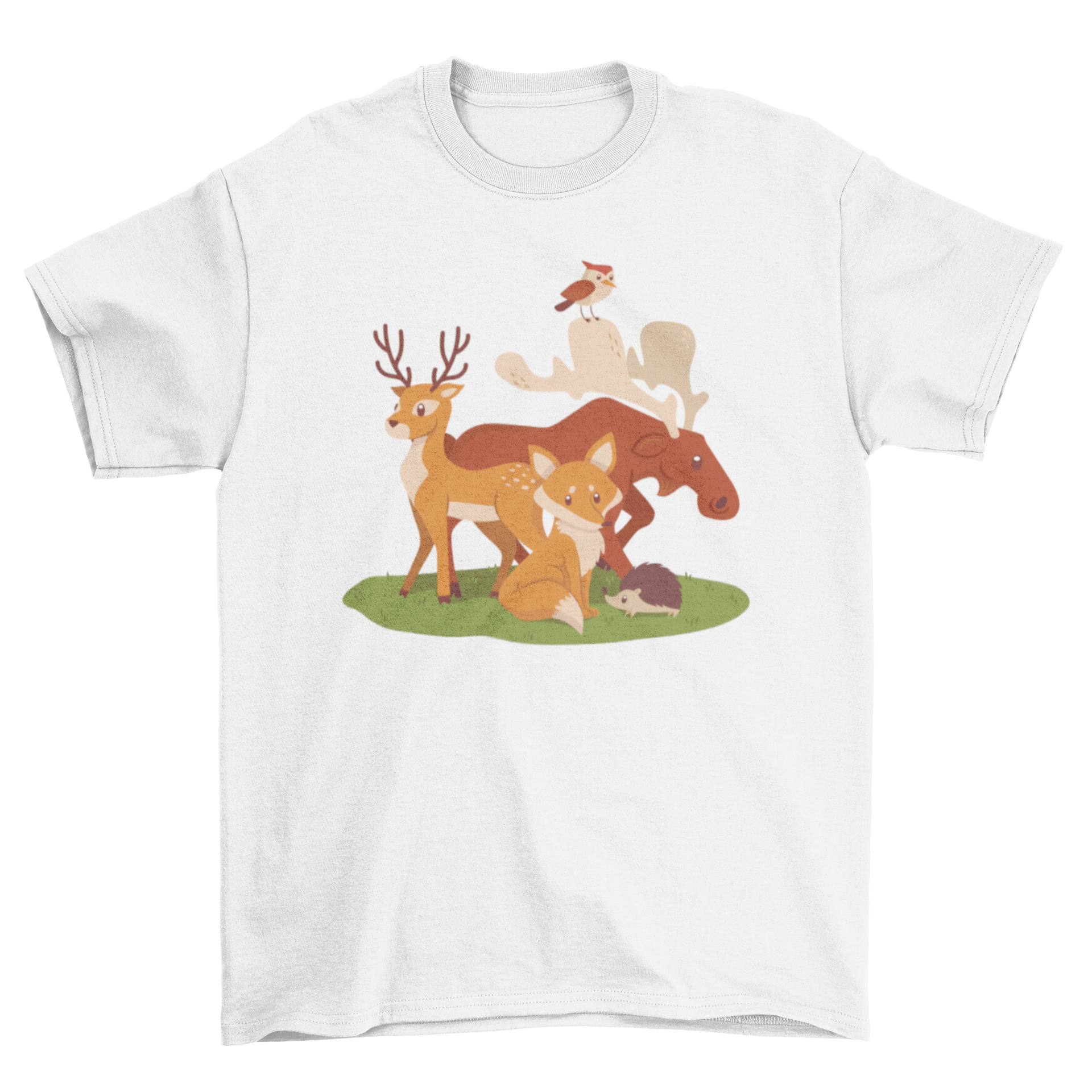 Animal Vectors t-shirt featuring woodland illustrations of a fox, deer, and birds on a soft fabric background.
