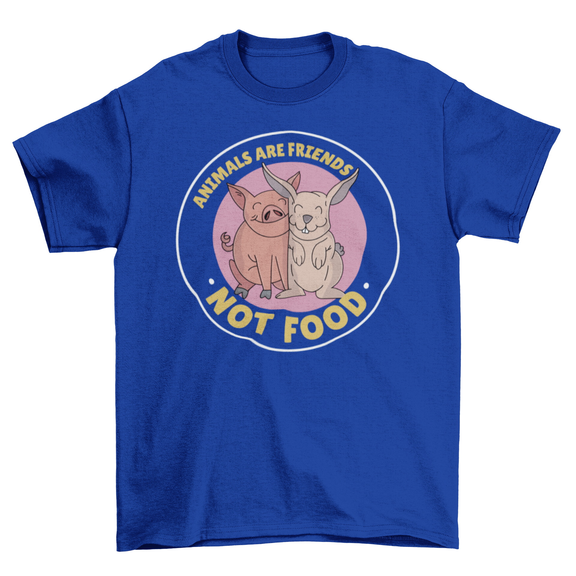 Cute t-shirt featuring a pig and bunny with the quote 'Animals are friends not food'.