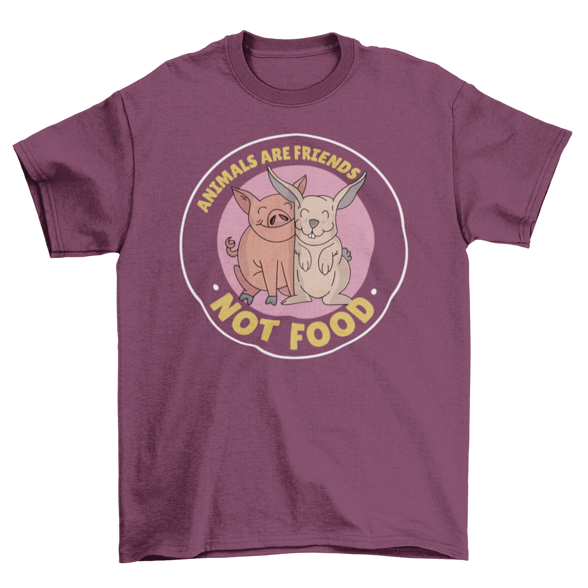 Cute t-shirt featuring a pig and bunny with the quote 'Animals are friends not food'.