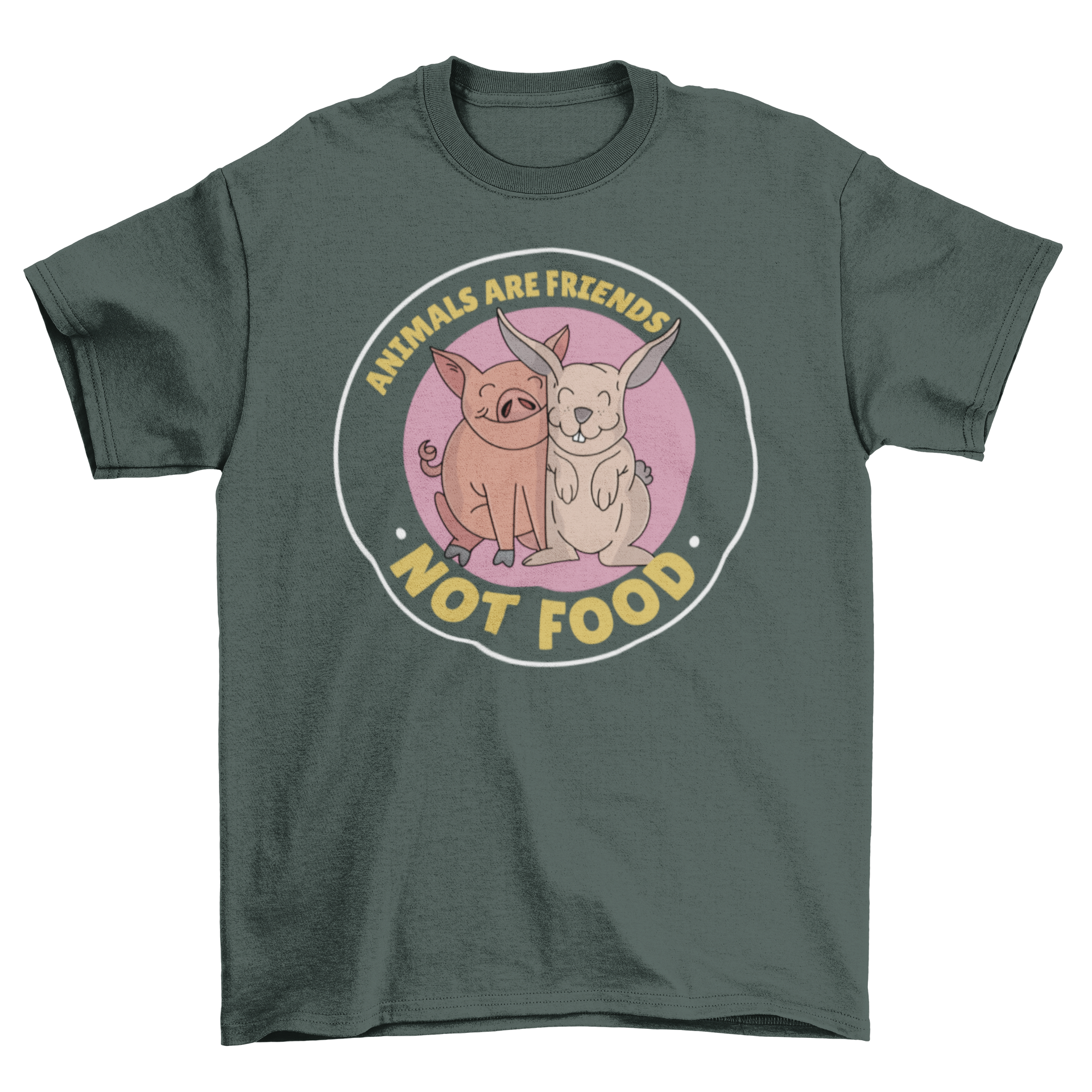 Cute t-shirt featuring a pig and bunny with the quote 'Animals are friends not food'.