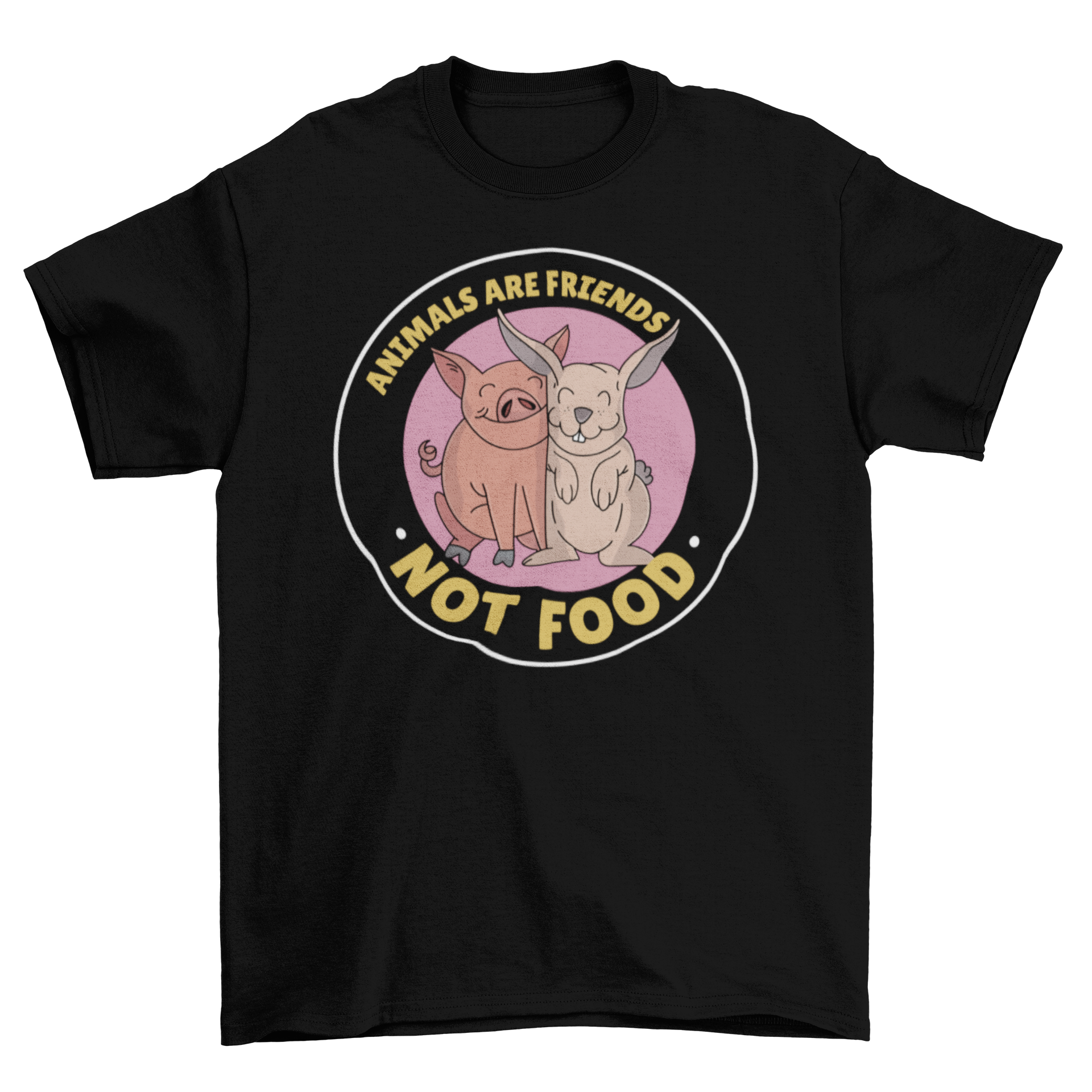 Cute t-shirt featuring a pig and bunny with the quote 'Animals are friends not food'.