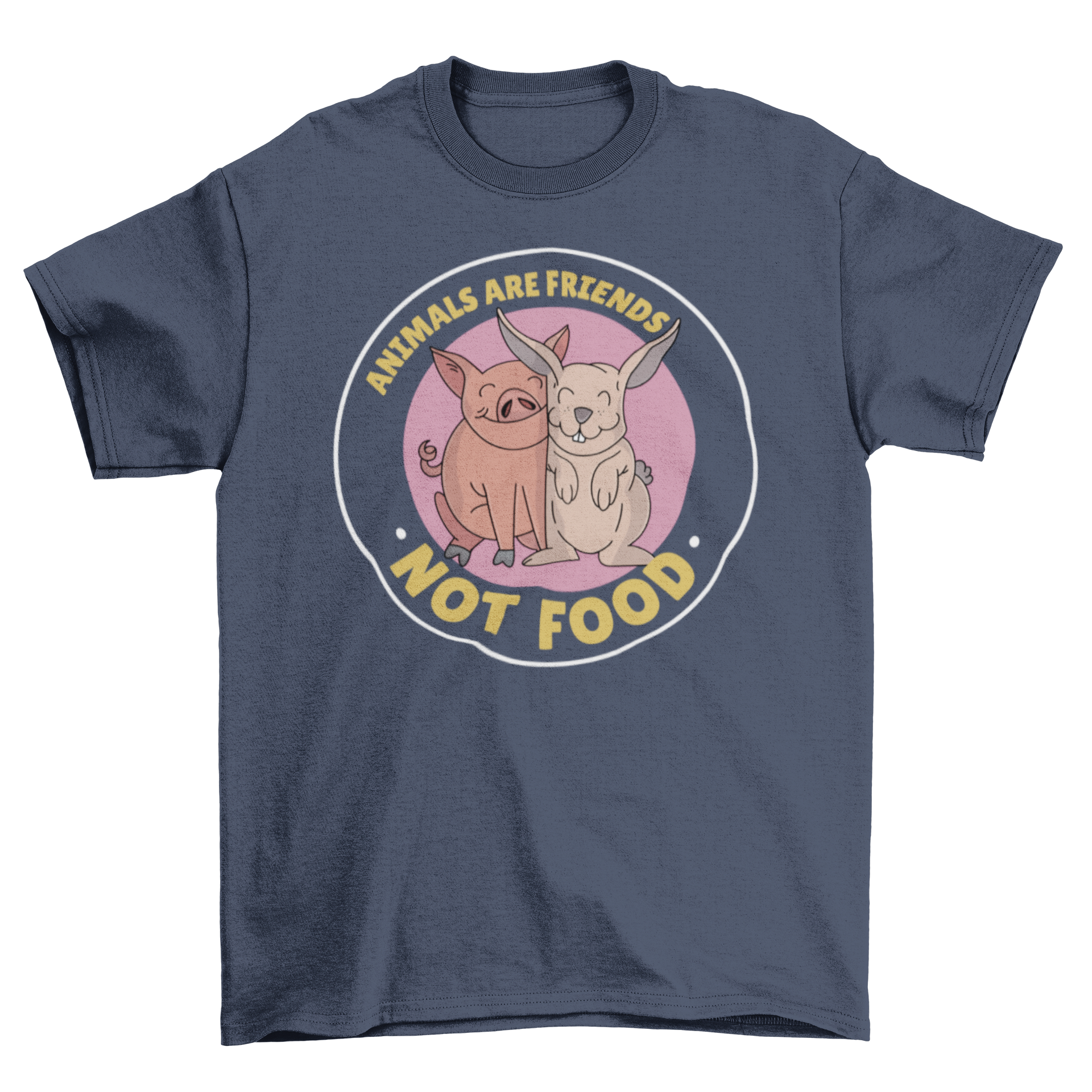 Cute t-shirt featuring a pig and bunny with the quote 'Animals are friends not food'.