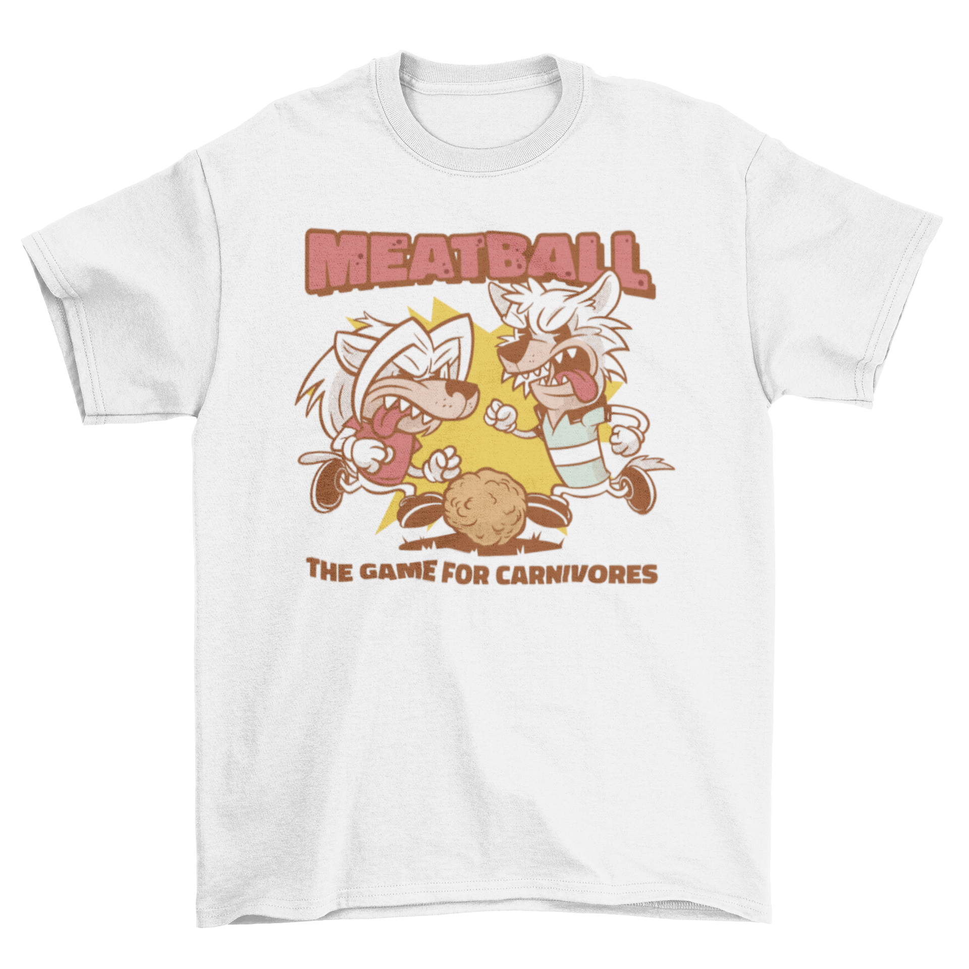 A fun t-shirt featuring two animals playing football with a meatball, showcasing a humorous design and quote.