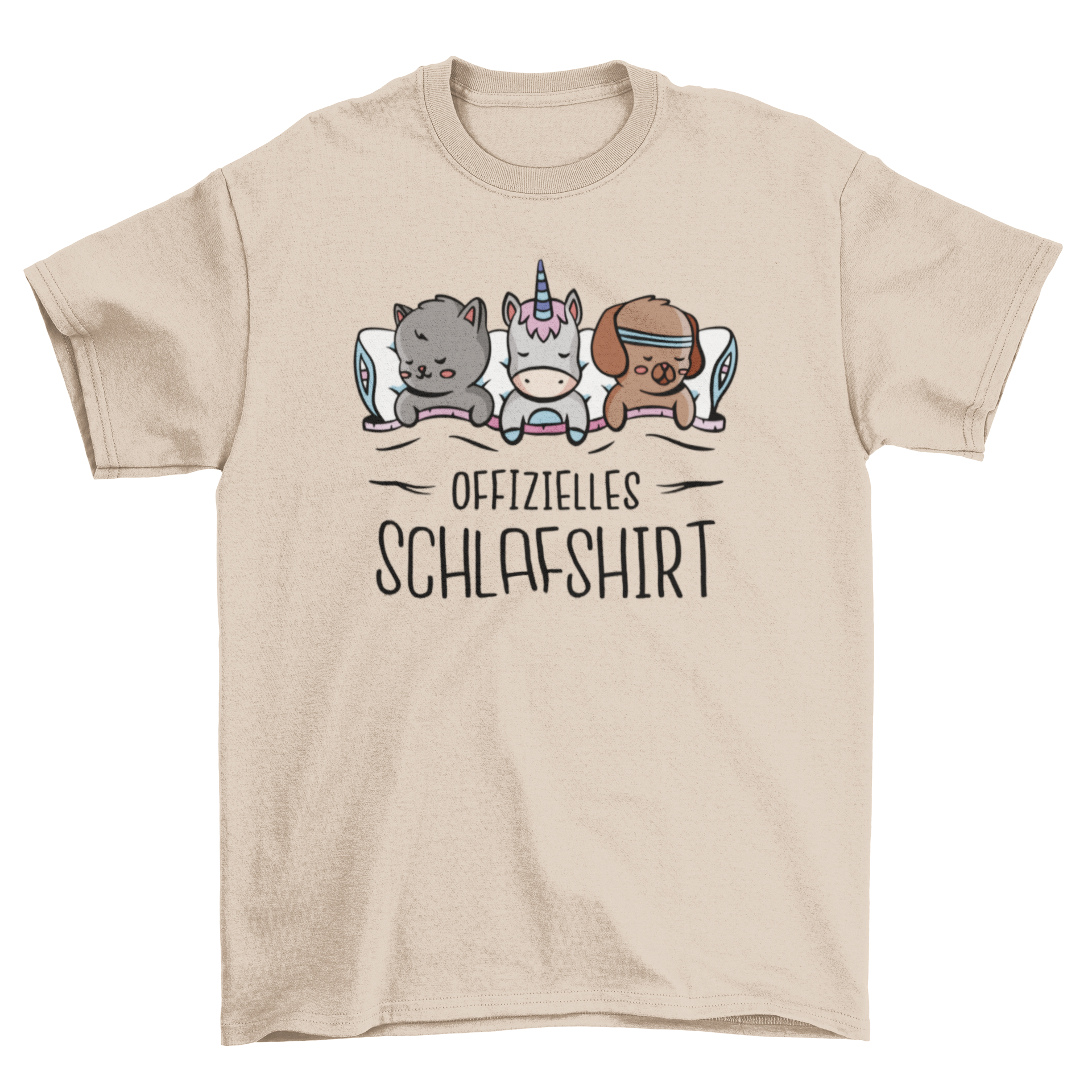 A cute t-shirt featuring a dog, cat, and unicorn sleeping on a bed with a German quote.