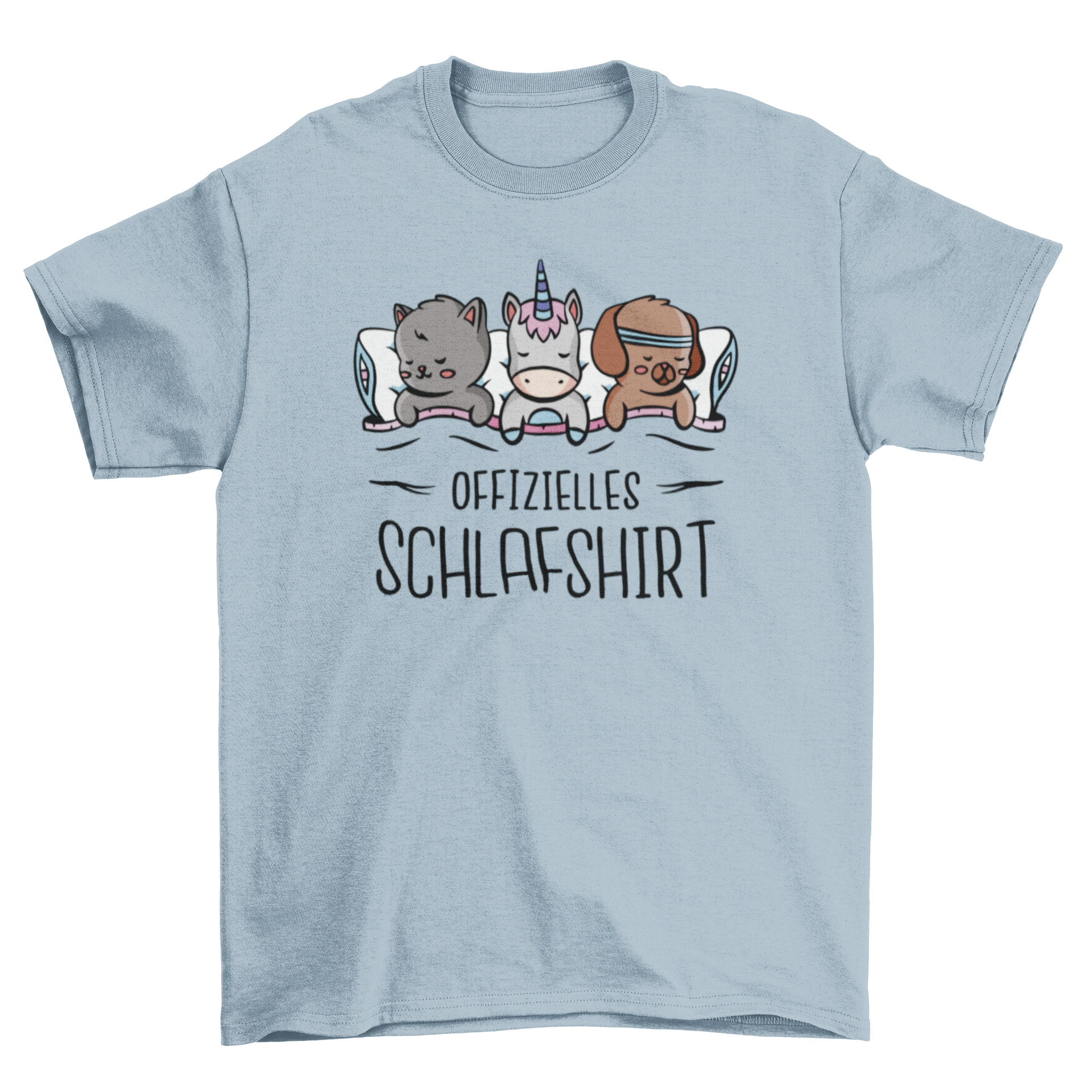 A cute t-shirt featuring a dog, cat, and unicorn sleeping on a bed with a German quote.