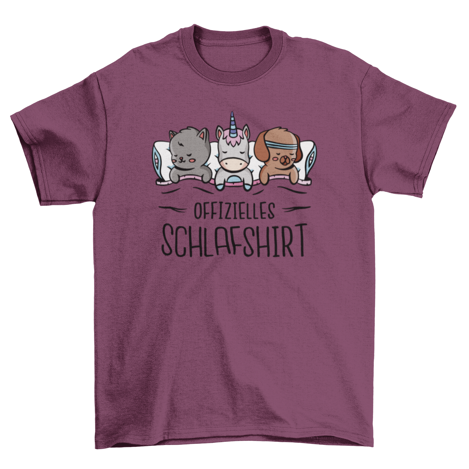 A cute t-shirt featuring a dog, cat, and unicorn sleeping on a bed with a German quote.