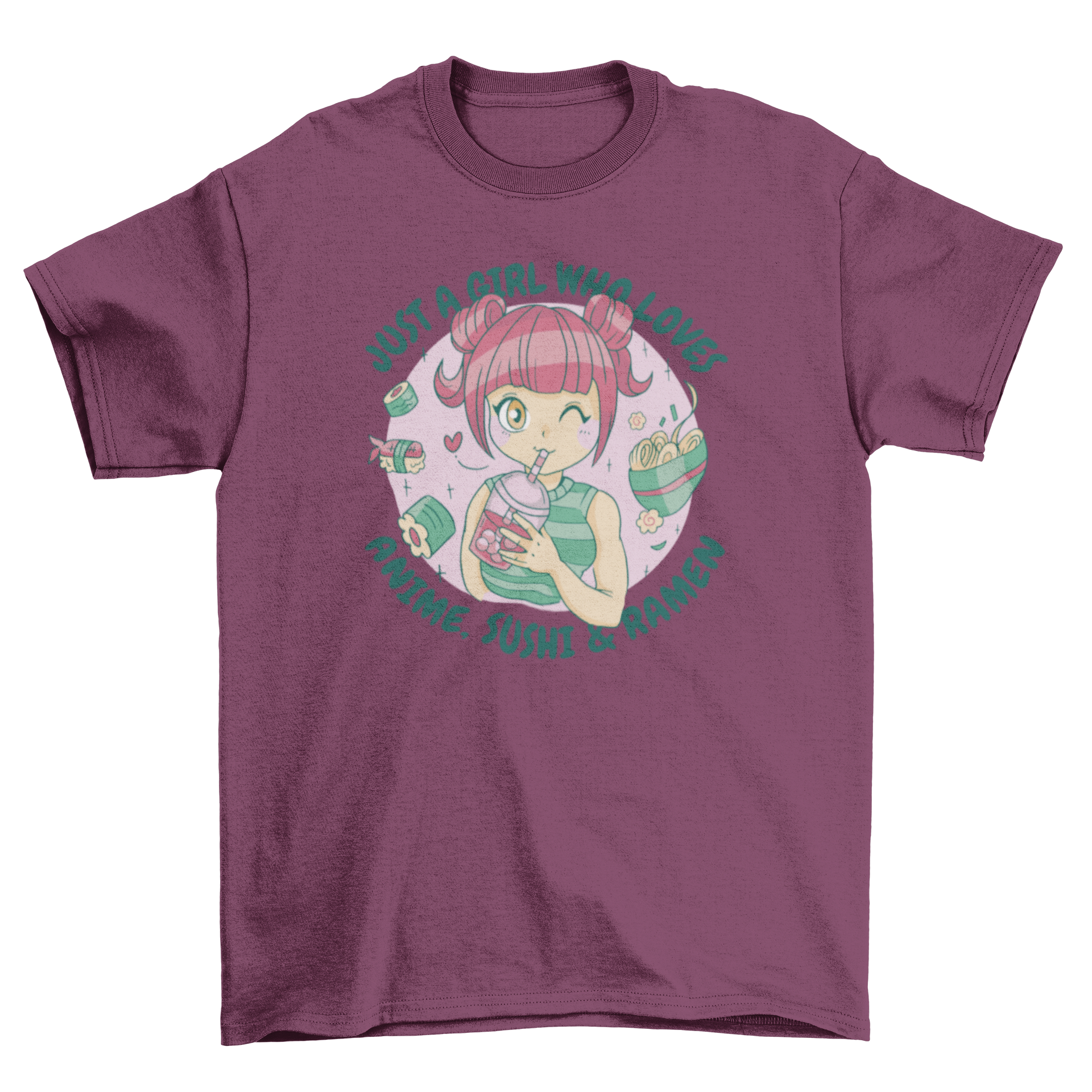Anime and sushi quote t-shirt featuring an anime girl and a fun quote about anime and Asian food.
