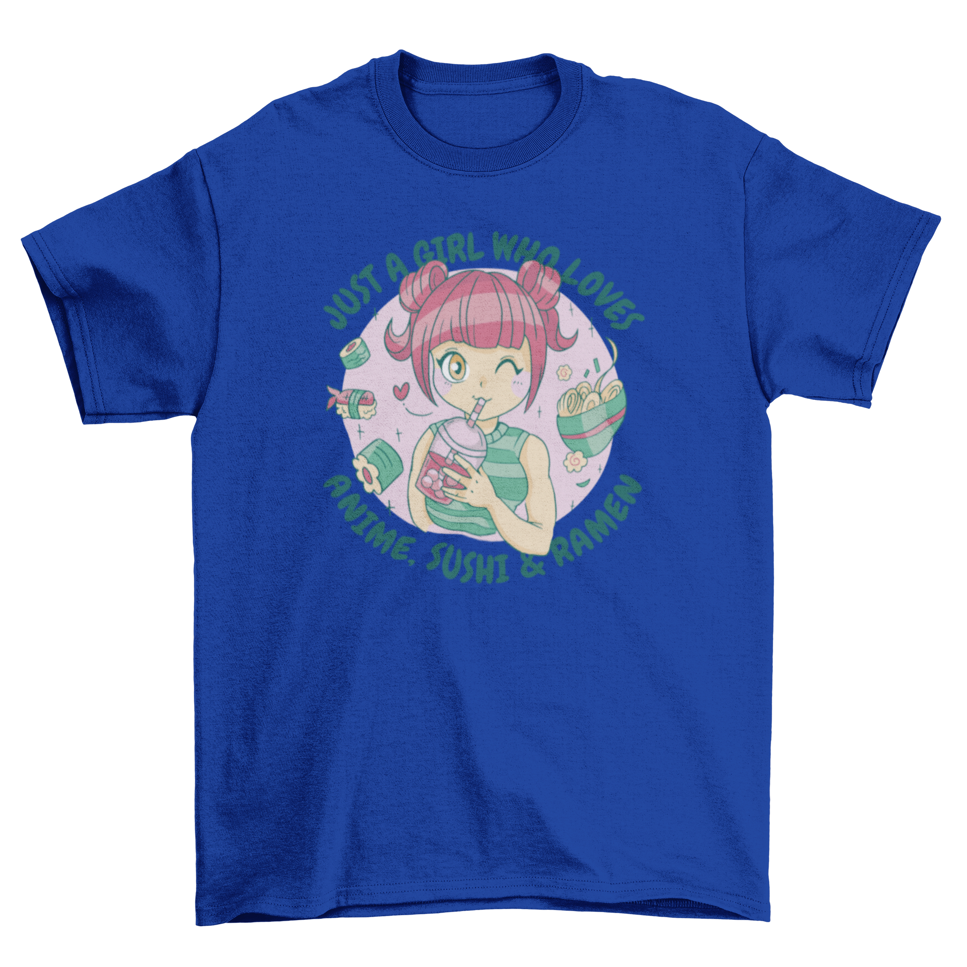 Anime and sushi quote t-shirt featuring an anime girl and a fun quote about anime and Asian food.