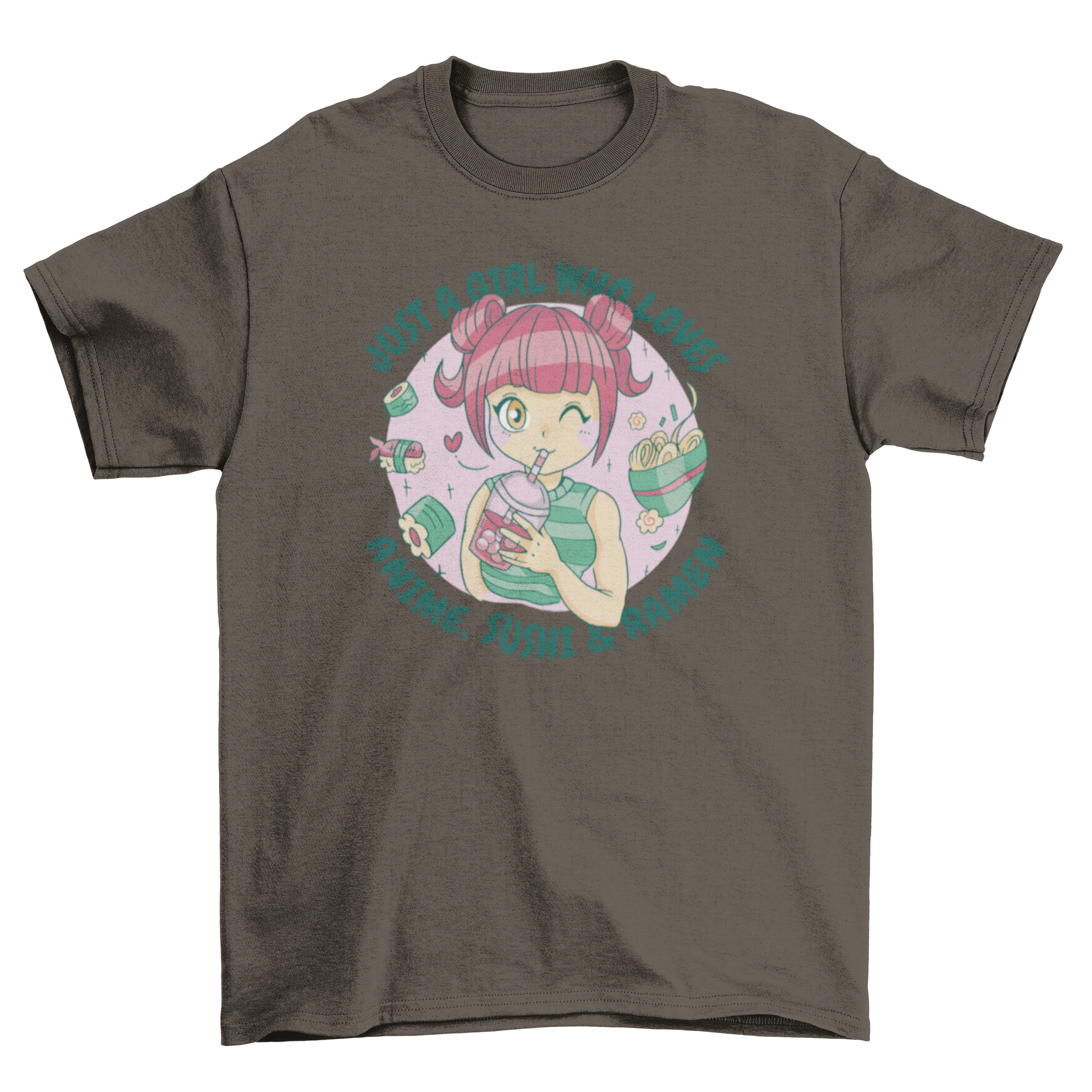 Anime and sushi quote t-shirt featuring an anime girl and a fun quote about anime and Asian food.