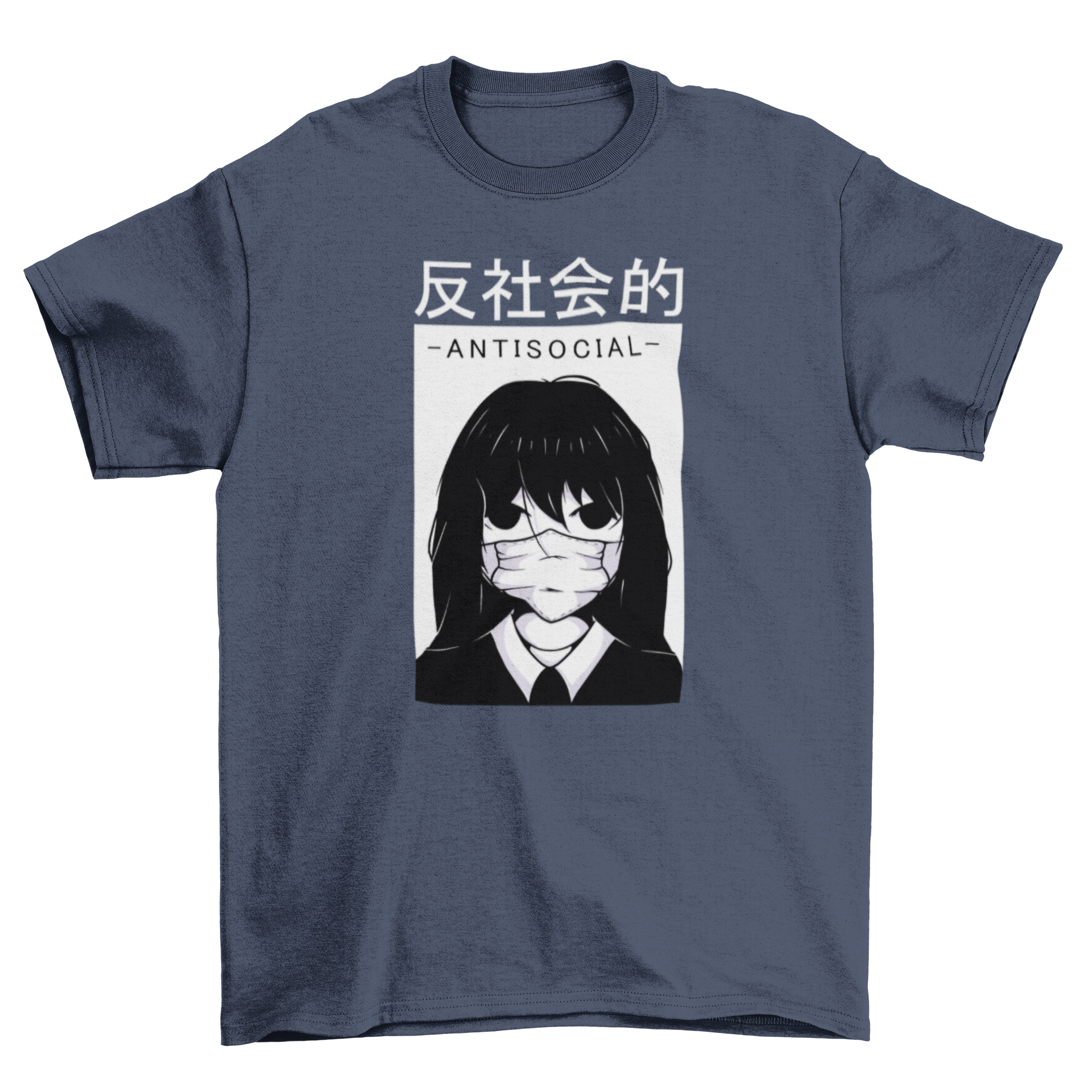 Anime antisocial girl graphic t-shirt featuring a girl with a face mask, showcasing a unique and stylish design.