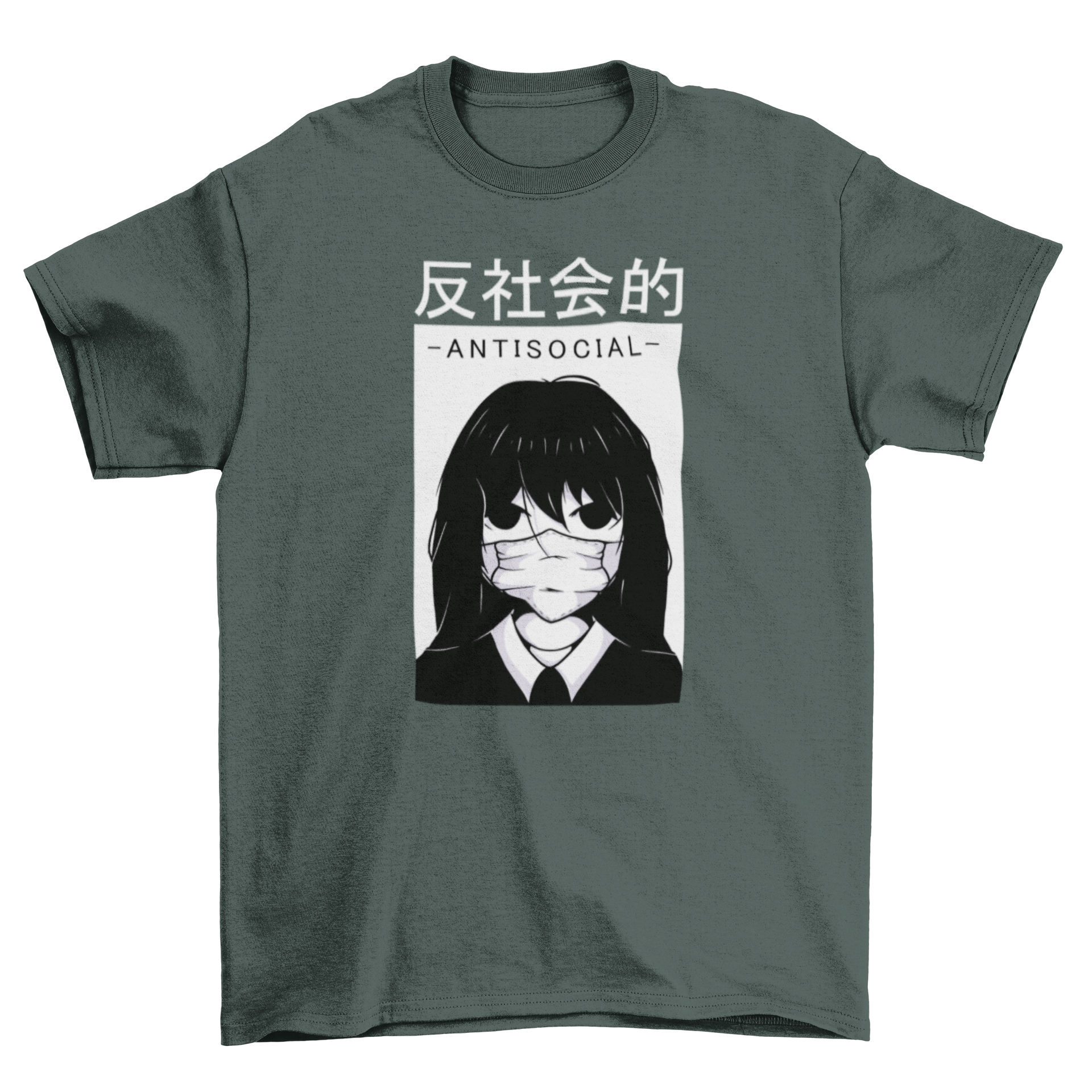 Anime antisocial girl graphic t-shirt featuring a girl with a face mask, showcasing a unique and stylish design.