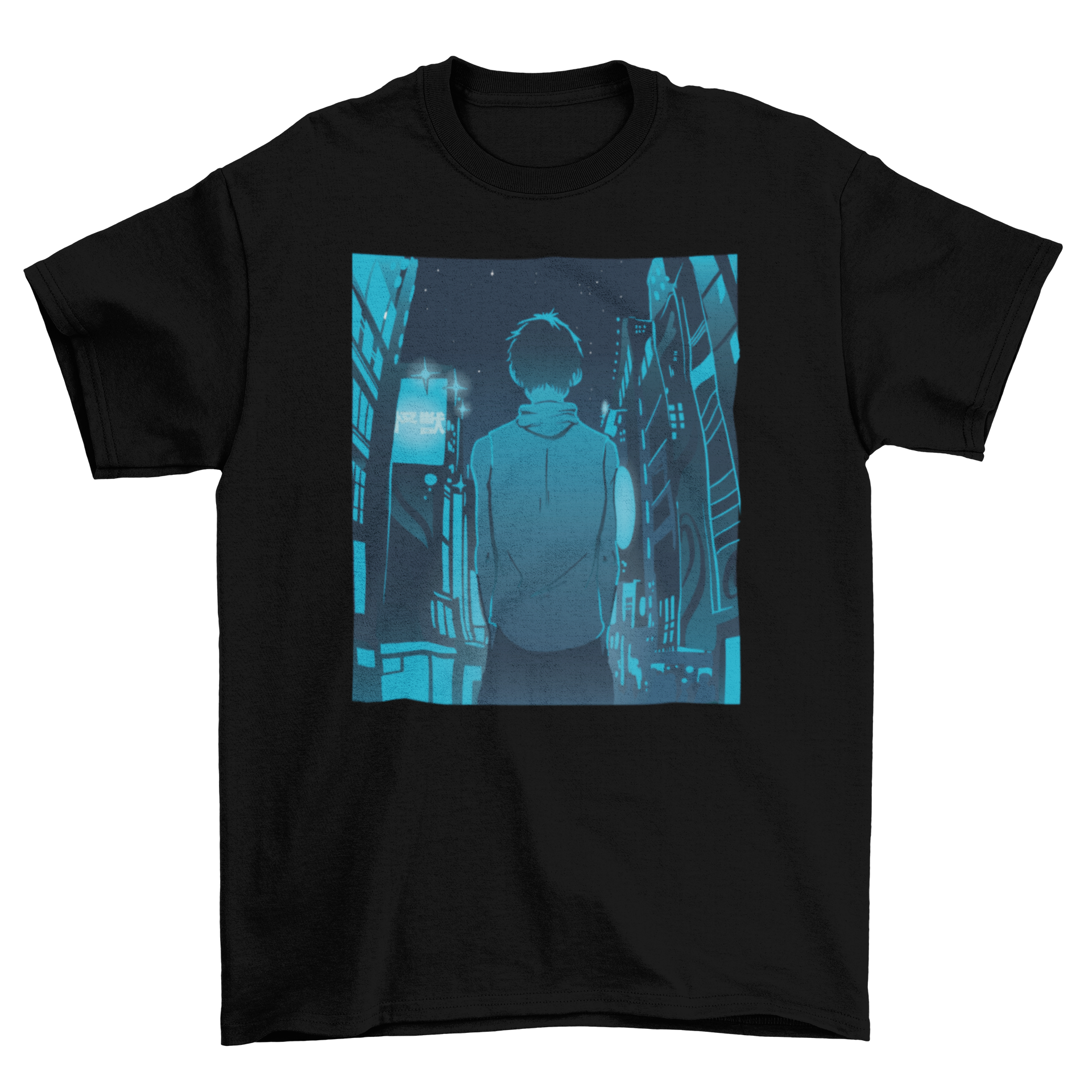 Anime boy walking in a Japanese city on a monochromatic t-shirt design.