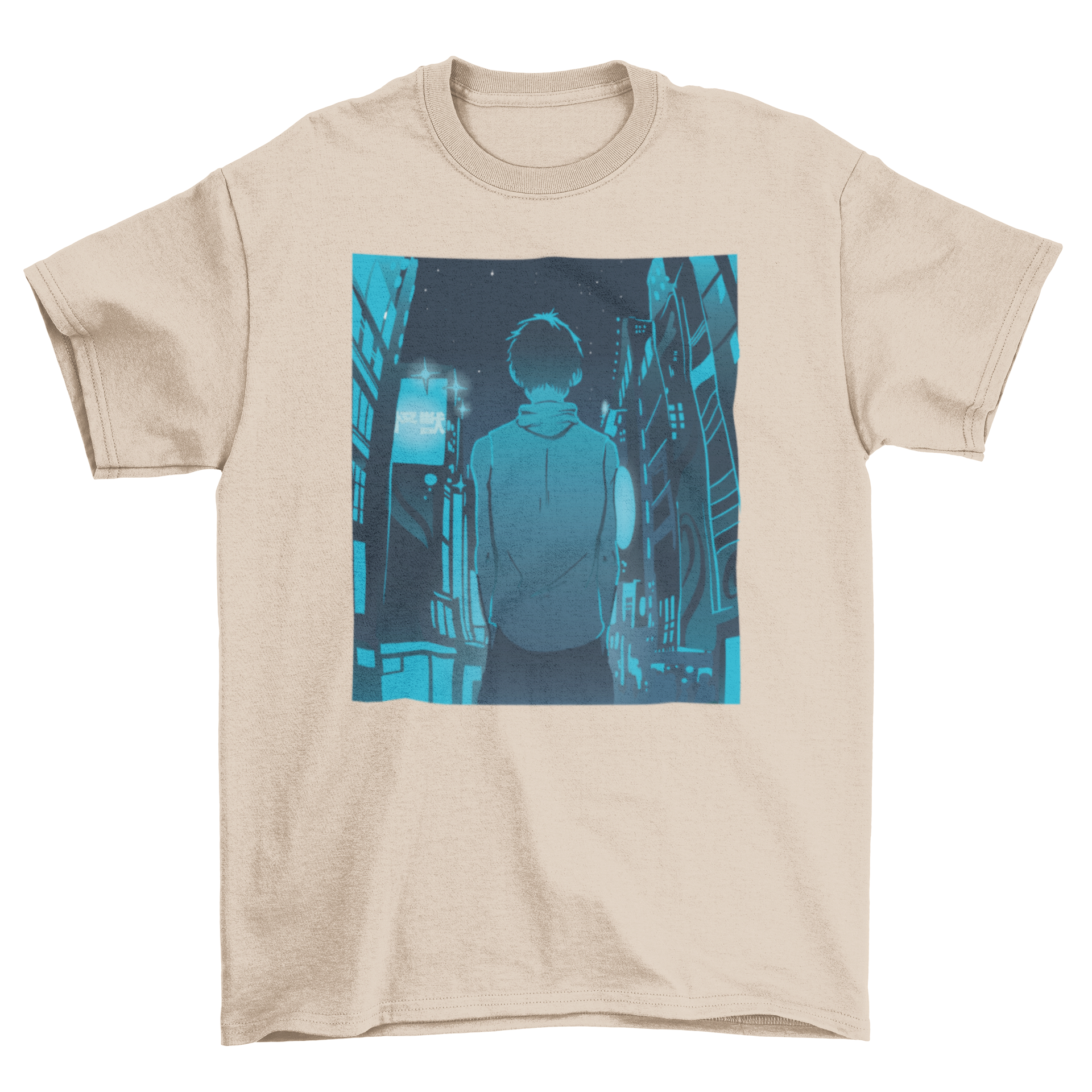 Anime boy walking in a Japanese city on a monochromatic t-shirt design.