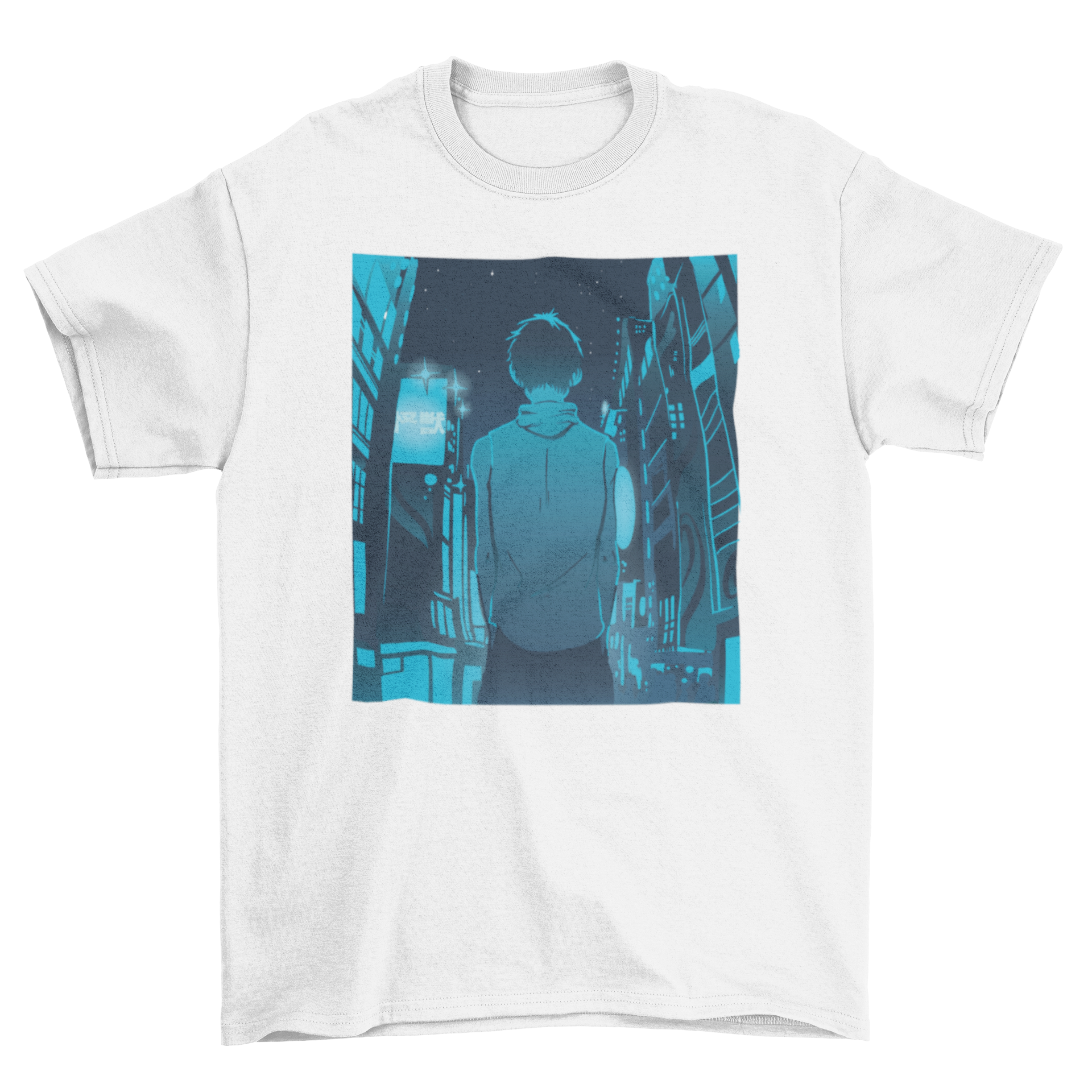 Anime boy walking in a Japanese city on a monochromatic t-shirt design.