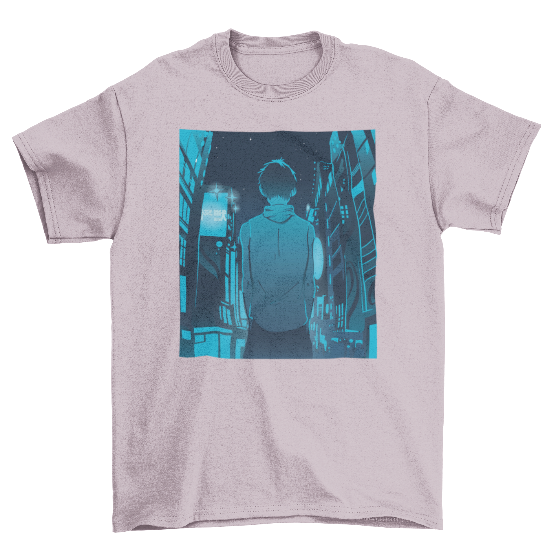 Anime boy walking in a Japanese city on a monochromatic t-shirt design.