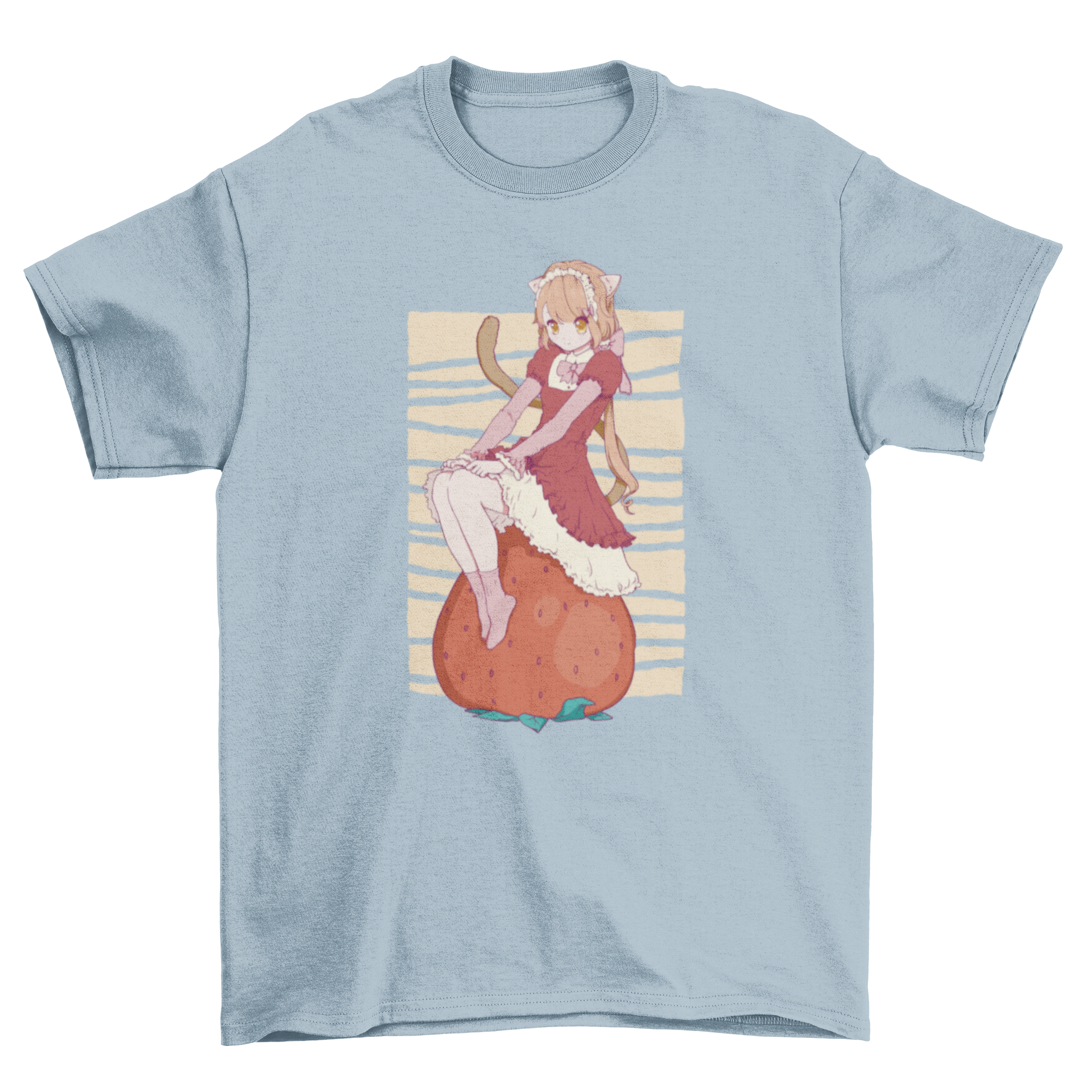 Anime cat girl with ears and tail sitting on a strawberry, featured on a stylish t-shirt.
