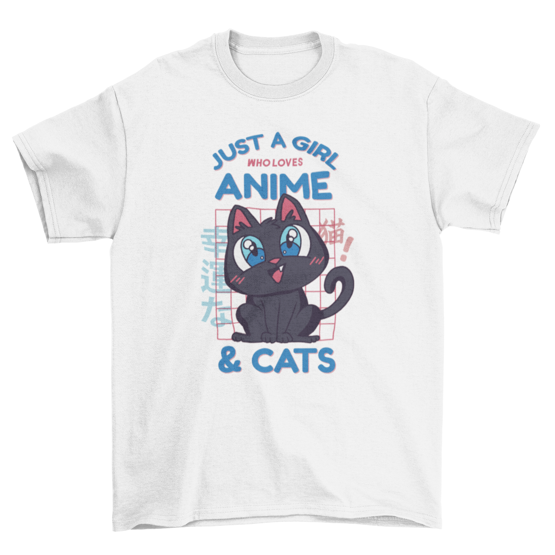 Cute black cat t-shirt featuring the quote 'Just a girl who loves anime & cats'.