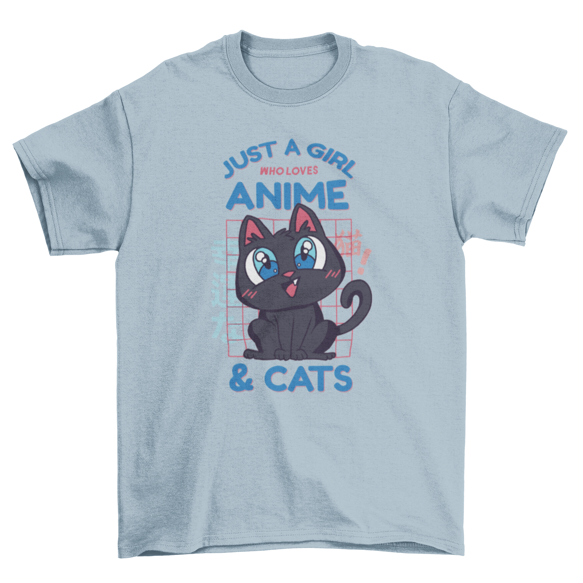 Cute black cat t-shirt featuring the quote 'Just a girl who loves anime & cats'.