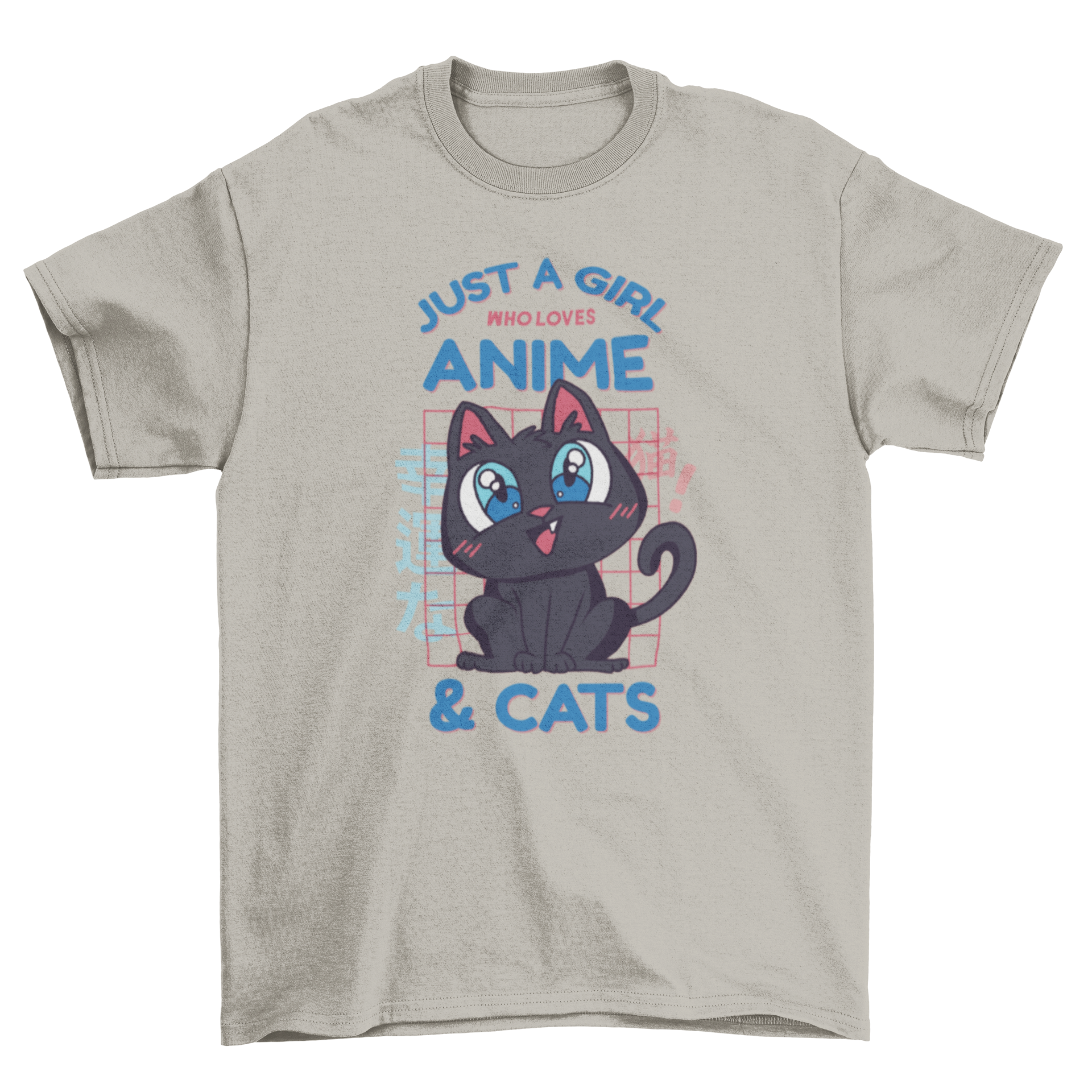 Cute black cat t-shirt featuring the quote 'Just a girl who loves anime & cats'.